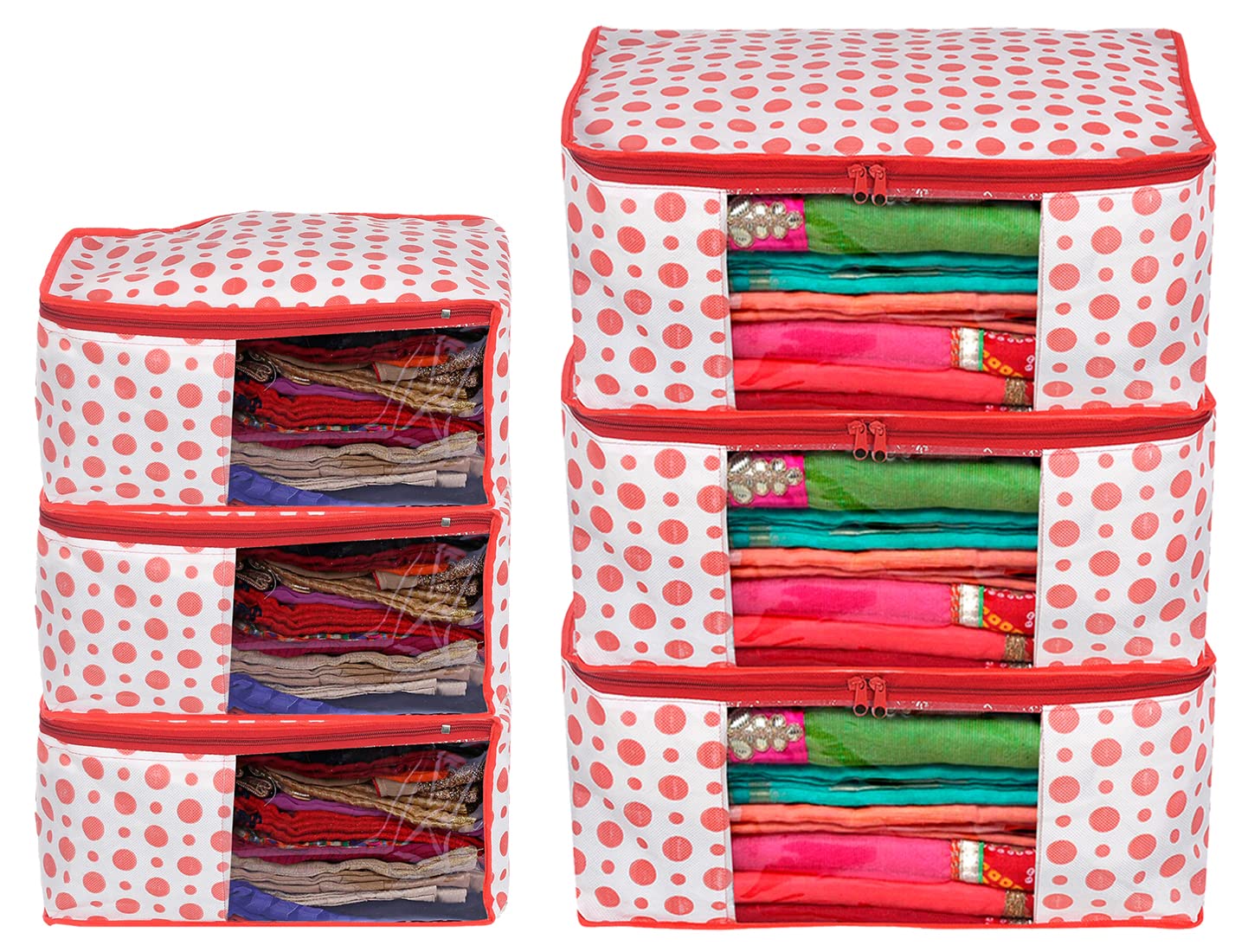 Kuber Industries Dot Printed NonWoven Blouse & Saree Cover, Cloth Organizer Set, Wardrobe Organiser With Tranasparent Window P
