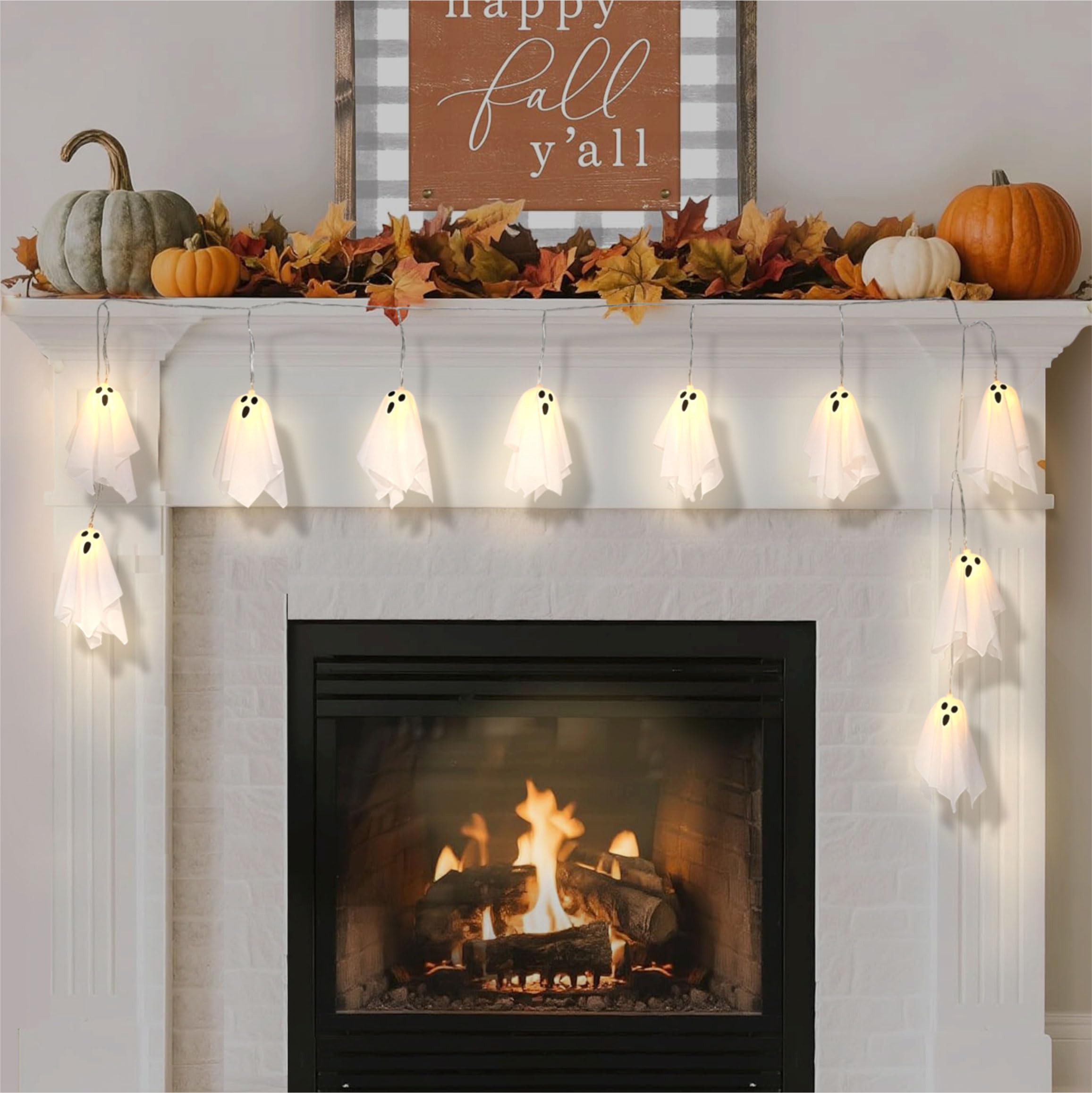 Halloween Decoration String Lights, Light up Ghost Garland, 7.5ft Battery Operated Ghost Lights with 10 LED for Mantle, Fireplac