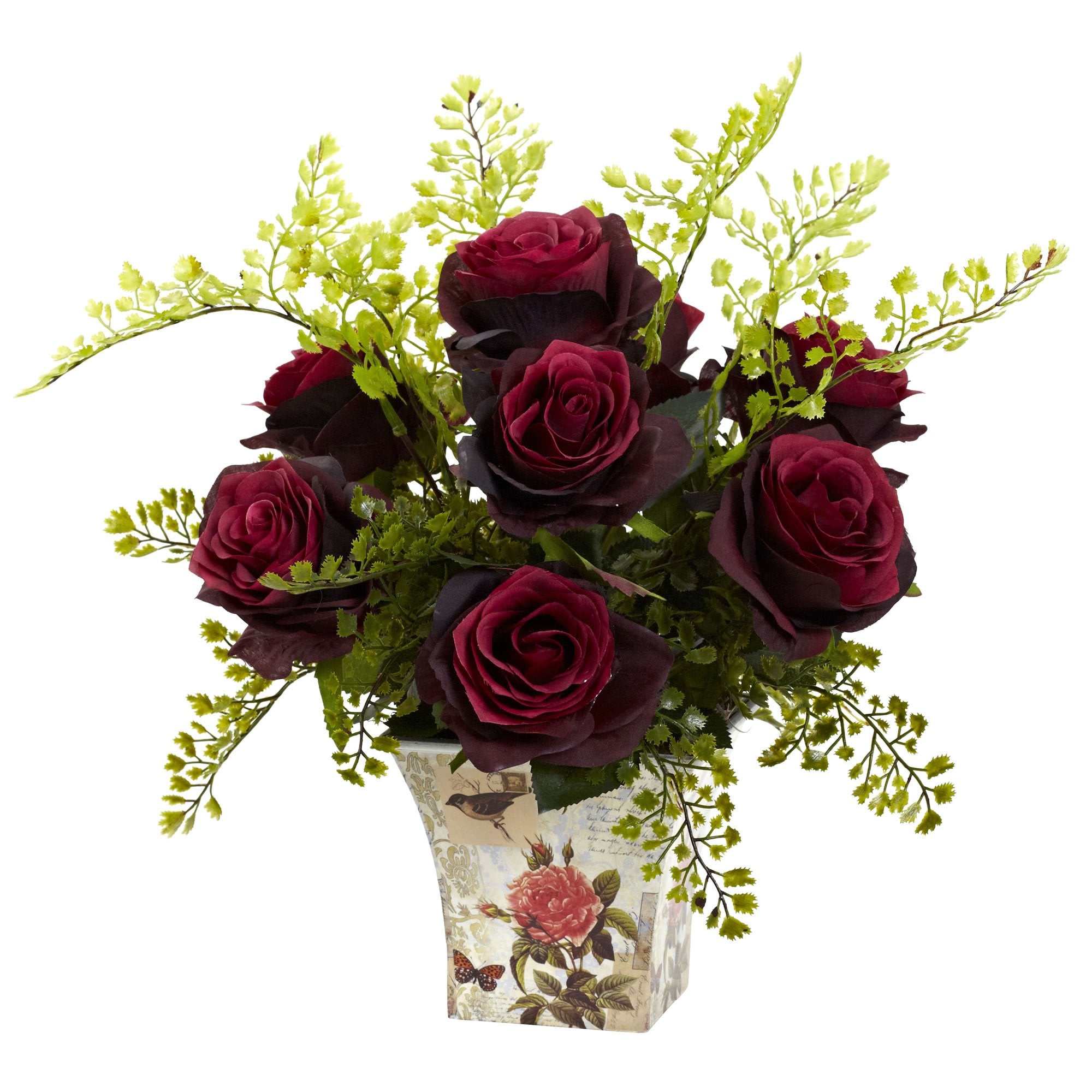Nearly Natural Rose & Maiden Hair with Floral Planter