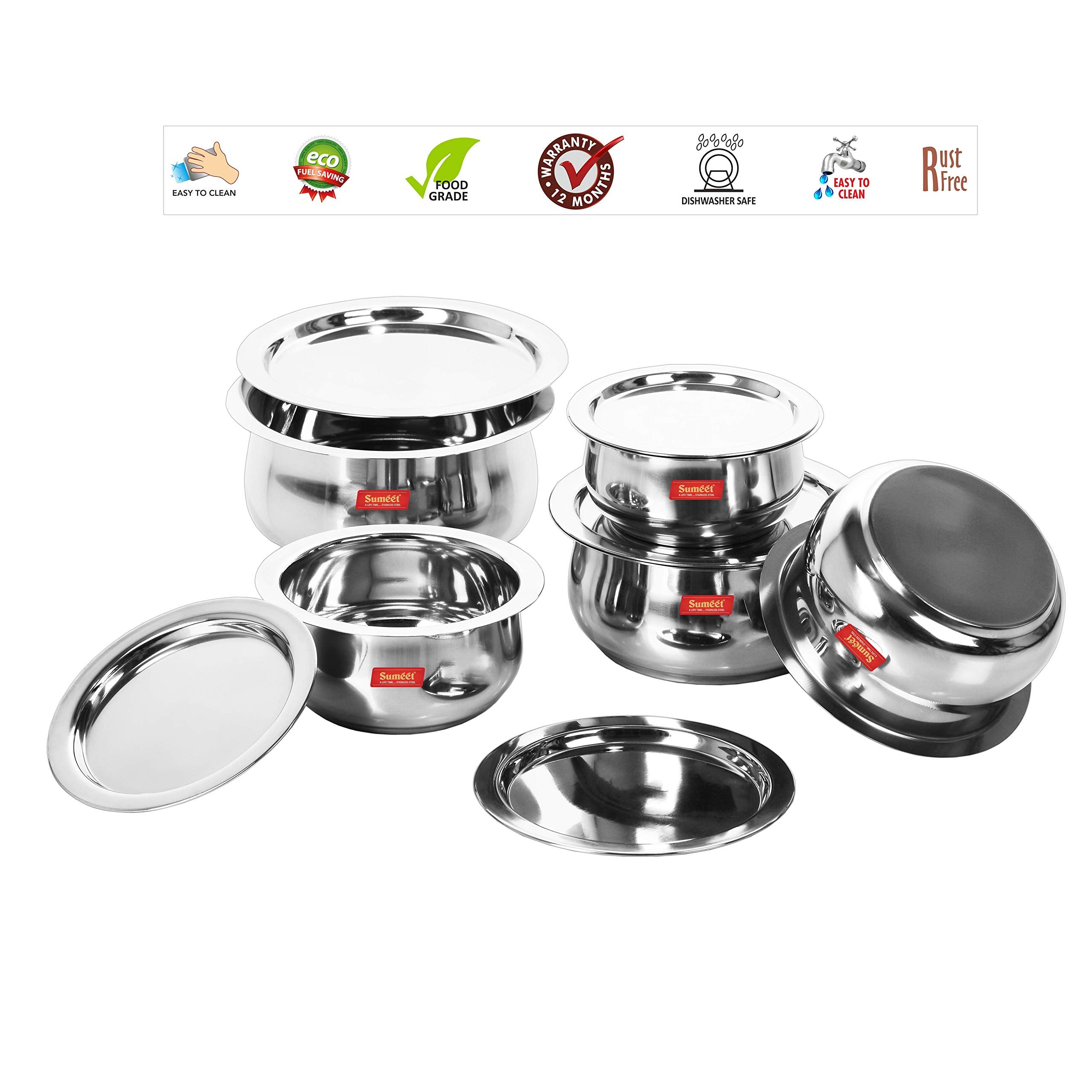 Sumeet 5 Pcs Stainless Steel Induction & Gas Stove Friendly Belly Shape Container Set/Tope/Cookware Set With Lids Size No.10 & N