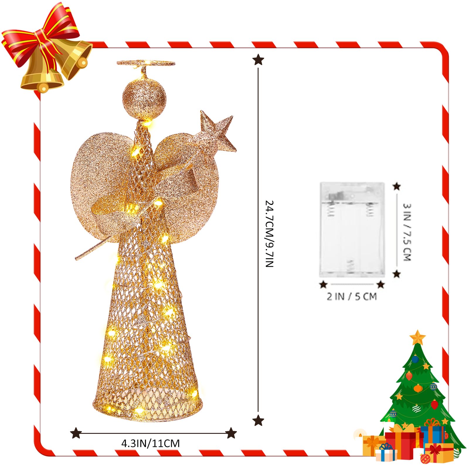 Christmas Tree Topper 9.8 Golden Glittered Star Tree Topper with 20 LED Lights Xmas Tree Topper Star for Xmas Decorations Orname