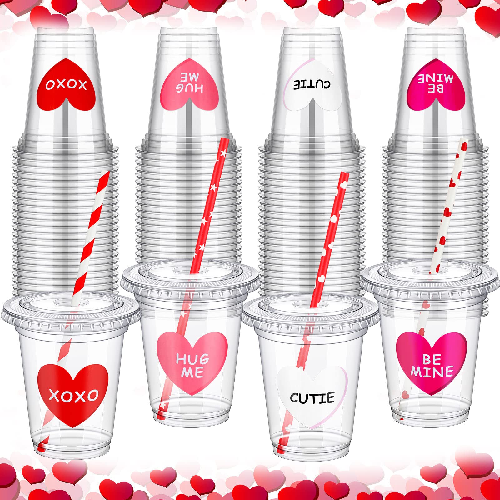 Eaasty 20 Sets Valentine'S Day Disposable Cups With Lid And Straws,12 Oz Clear Plastic Valentines Cups With Heart Shaped Sticker