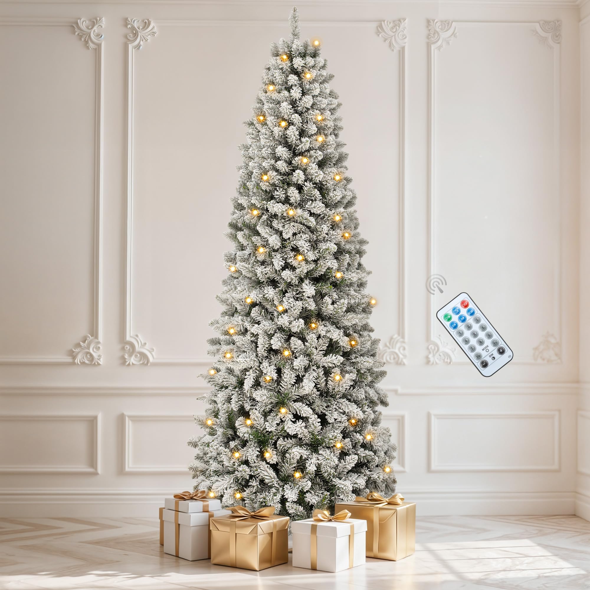 DWVO 7.5ft Snowy Pencil Christmas Tree with Lights, Elegant Kingswood Fir, Folding Faux Slim Xmas Tree with 1000 Branch Tips and