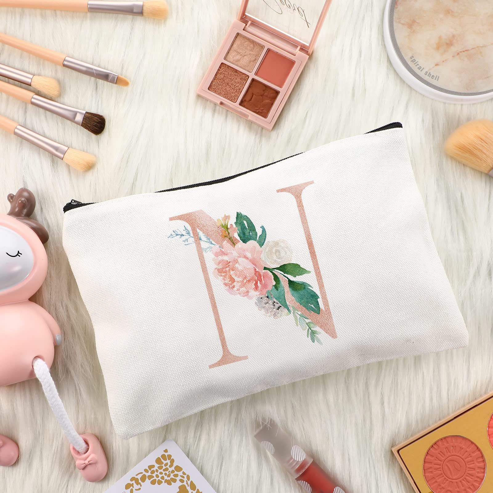 Sanwuta 2 Pcs Initial Canvas Tote Bags Floral Letter Travel Cosmetic Bags Personalized Beach Bags Monogrammed Bags Portable Make