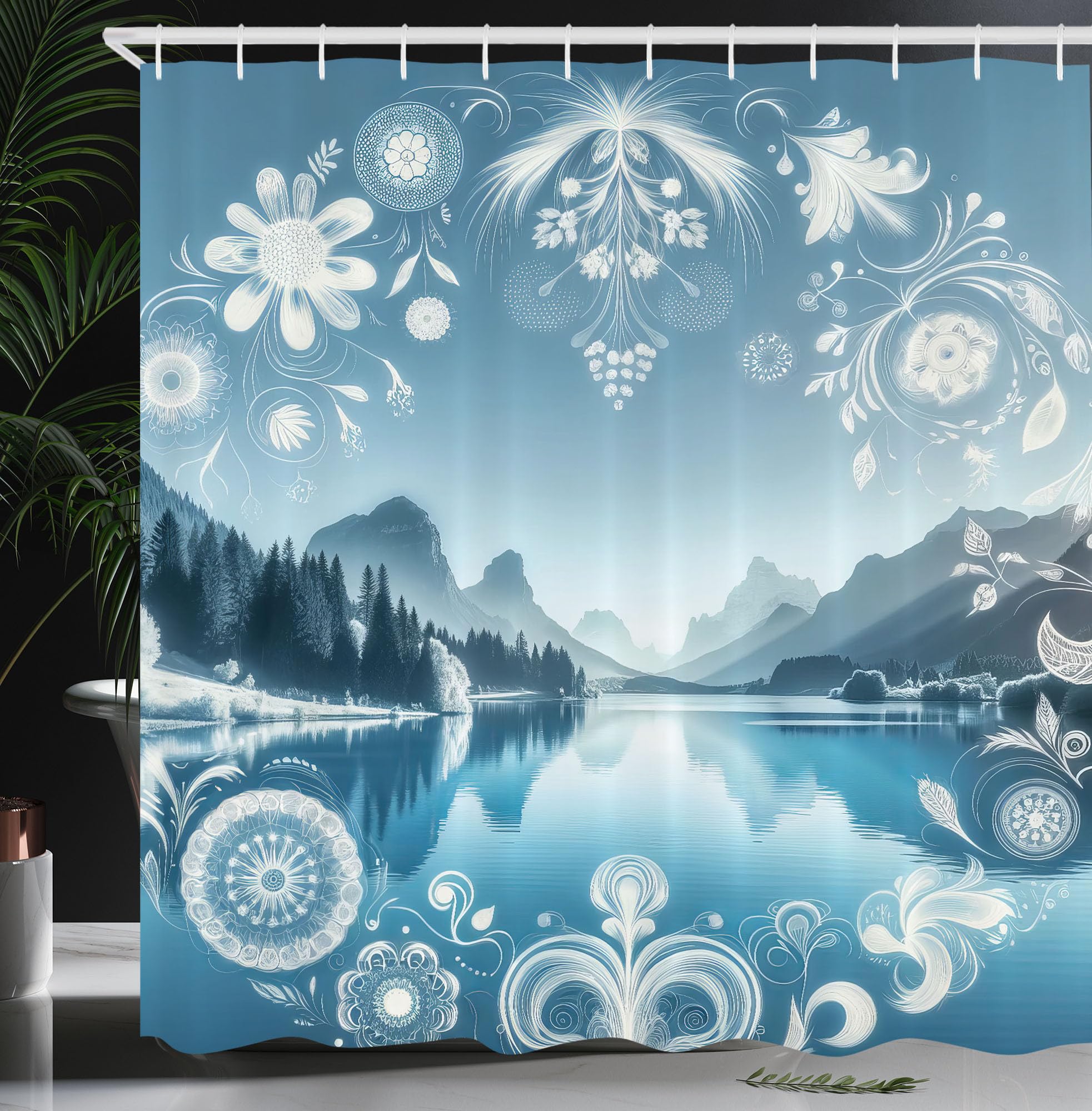 Ambesonne Lake Shower Curtain, Panoramic Nature View Mountains Woodland Folkloric Floral Wreath Ornaments, Cloth Fabric Bathroom