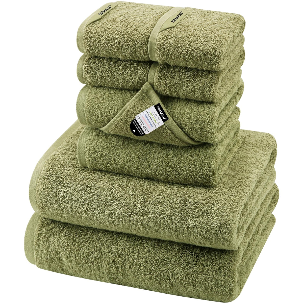 Semaxe Sage Green Bath Towel Set, 100% Cotton Absorbent Bathroom Towels With Hanging Loops And Nano-Bio Lifecycle Labels, 8 Piec
