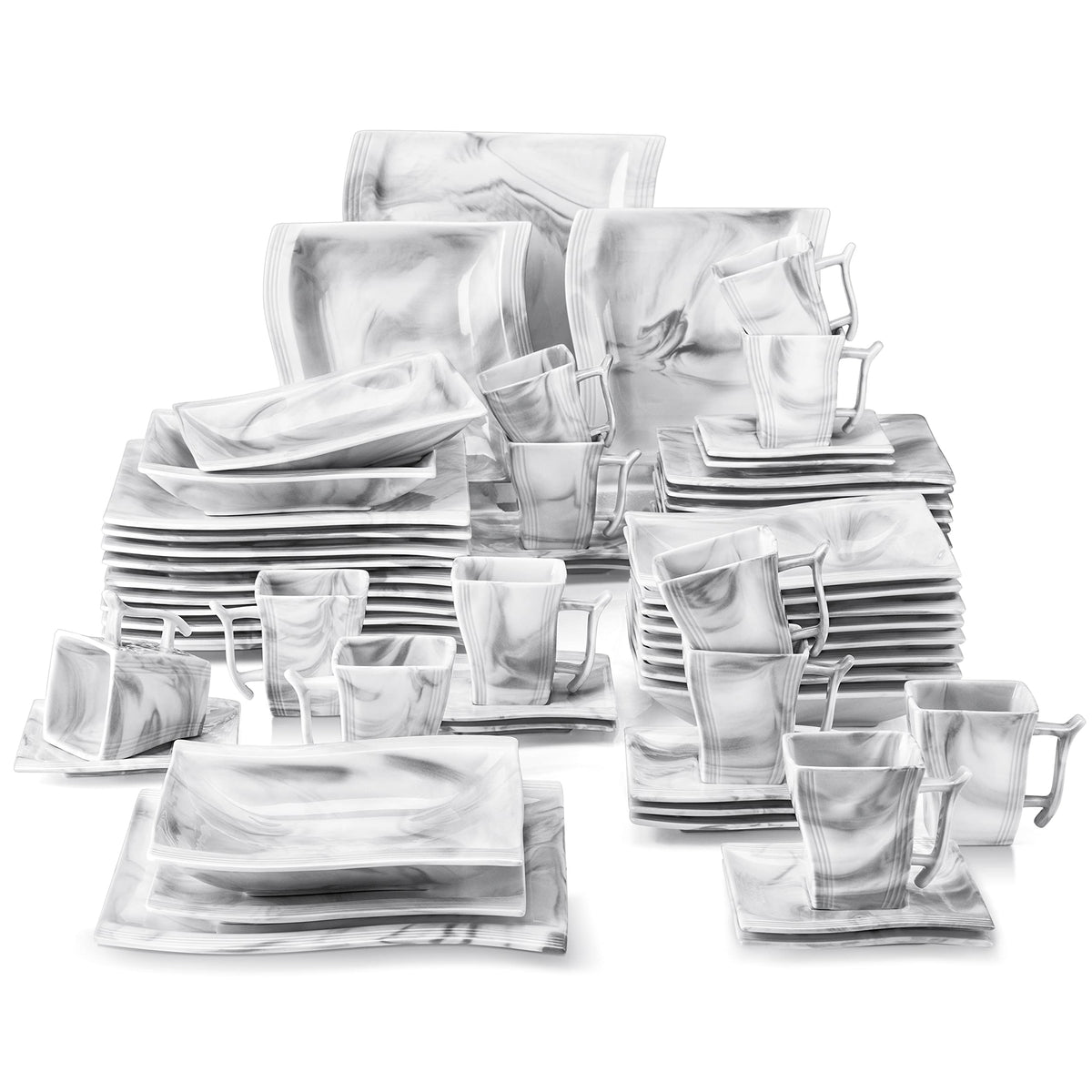 MALACASA Dinnerware Sets for 12, 60-Piece Porcelain Square Plates Dinnerware Set, Marble Dish Set with Plates and Bowls Sets, Cu