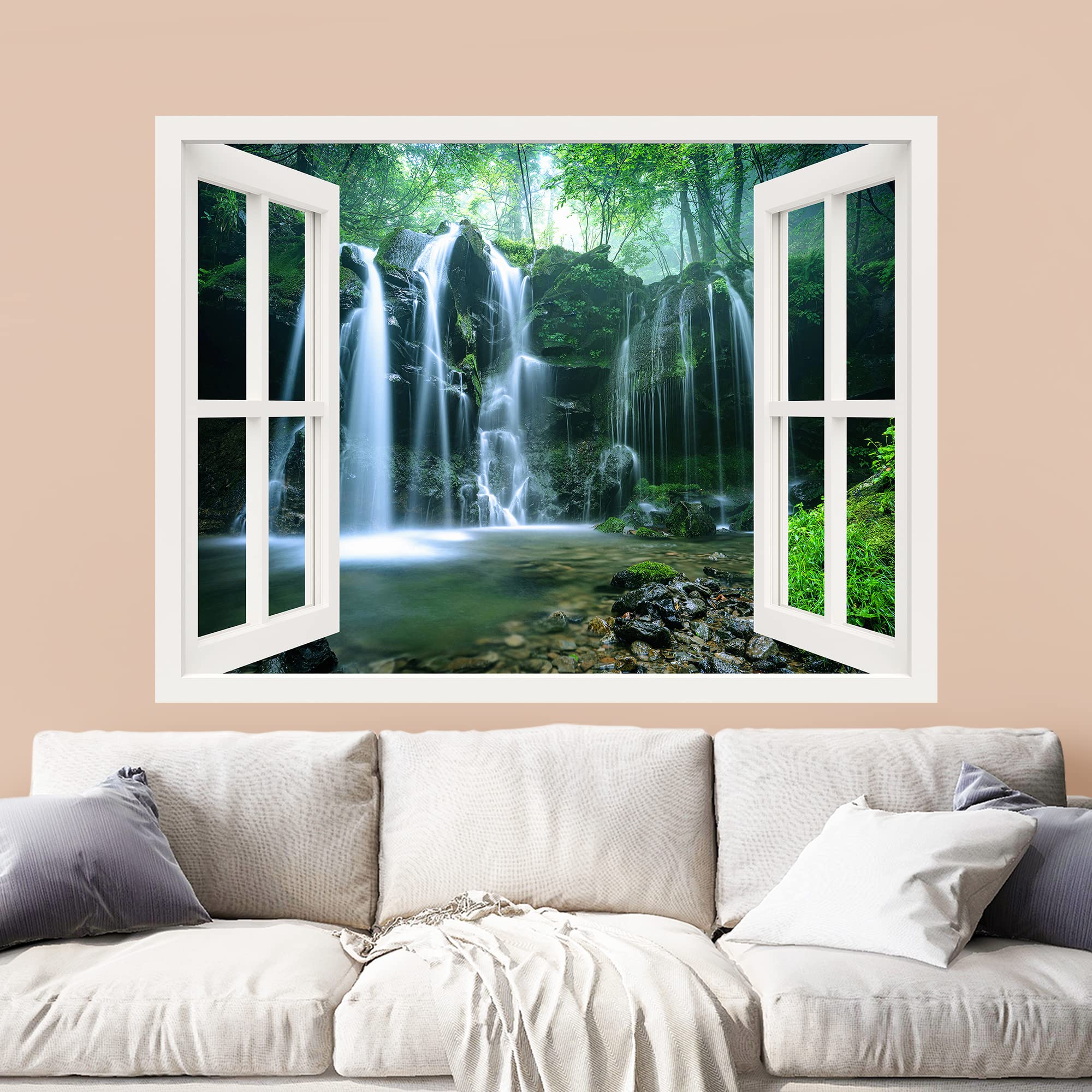 wall26 Removable Wall Sticker/Wall Mural Window View Forest Mountain River Rapid Waterfall Nature Wilderness Photography Realism Landscape Multicolor for Living Room  Bedroom  Office - 24''x32''