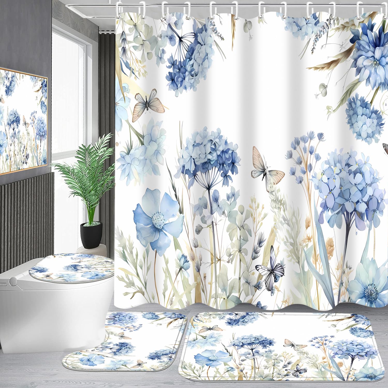 Pretyw 4-Piece Blue Floral Shower Curtain Set Butterfly Flowers Bathroom Set With Shower Curtain And Rugs, Blue White Bath Curta
