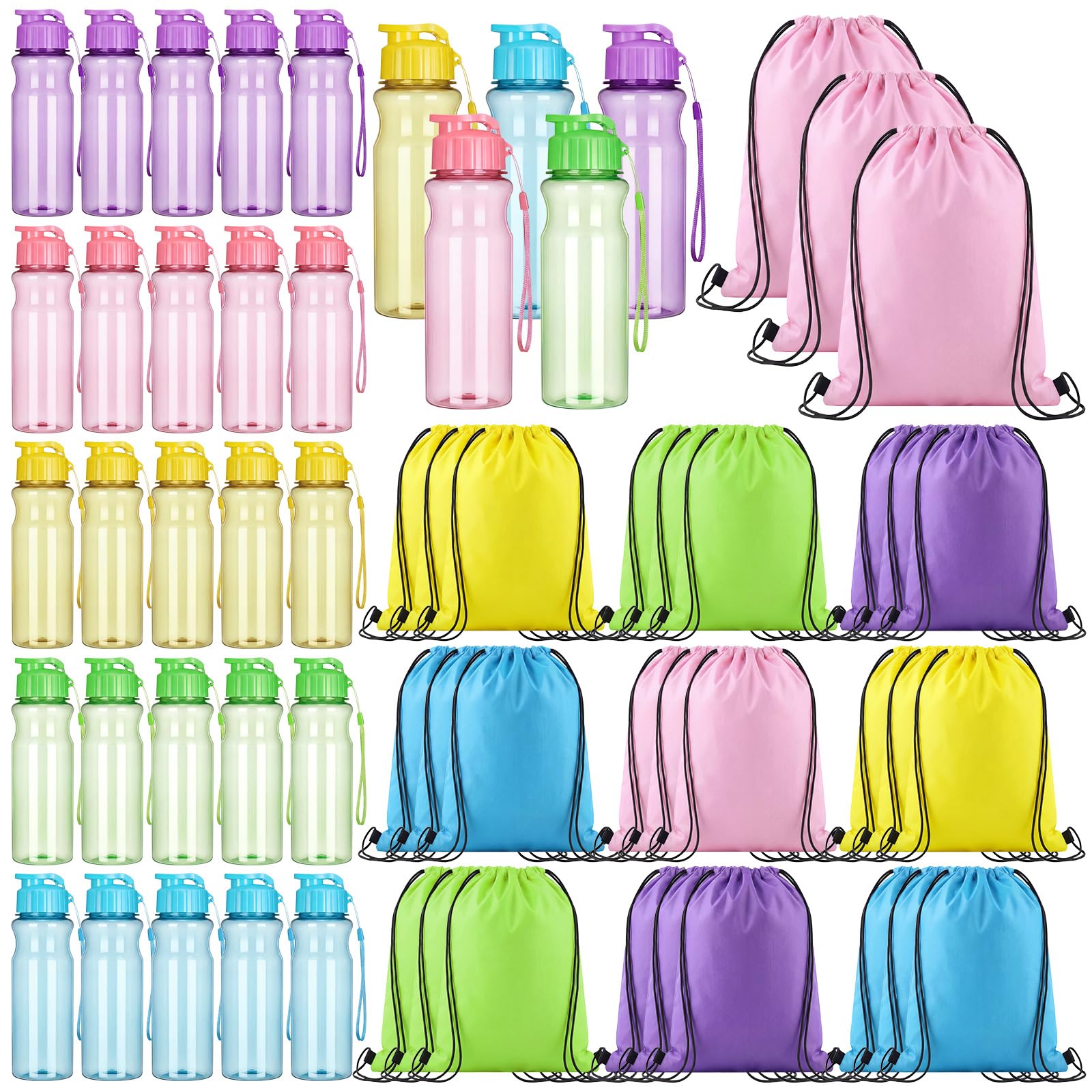 Tioncy 60 Pieces Plastic Water Bottles bulk and Drawstring Backpack Set for Adults Include 30 17 oz Sport Drink Bottles 30 Sport
