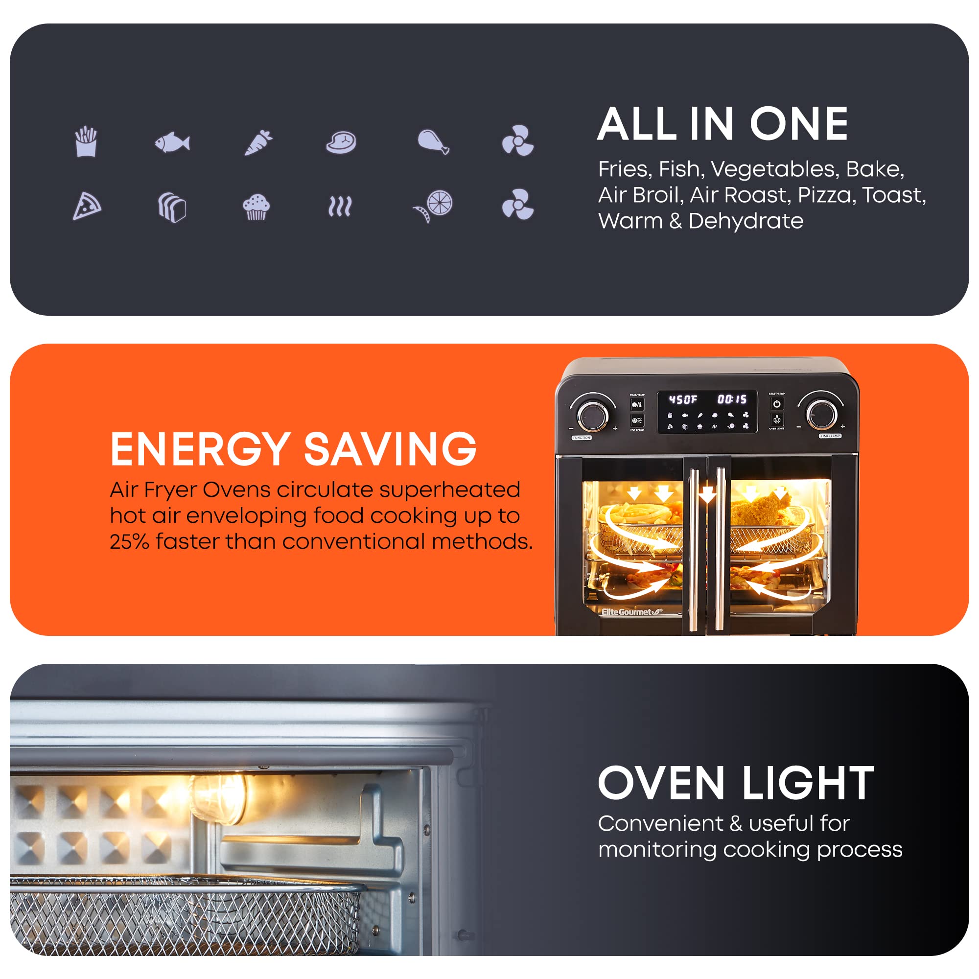 Elite Gourmet Eaf9010B All Steel Exterior, 245Qt French Door Air Fryer Convection Countertop Oven, 12 Pizza Extra Large Capacity