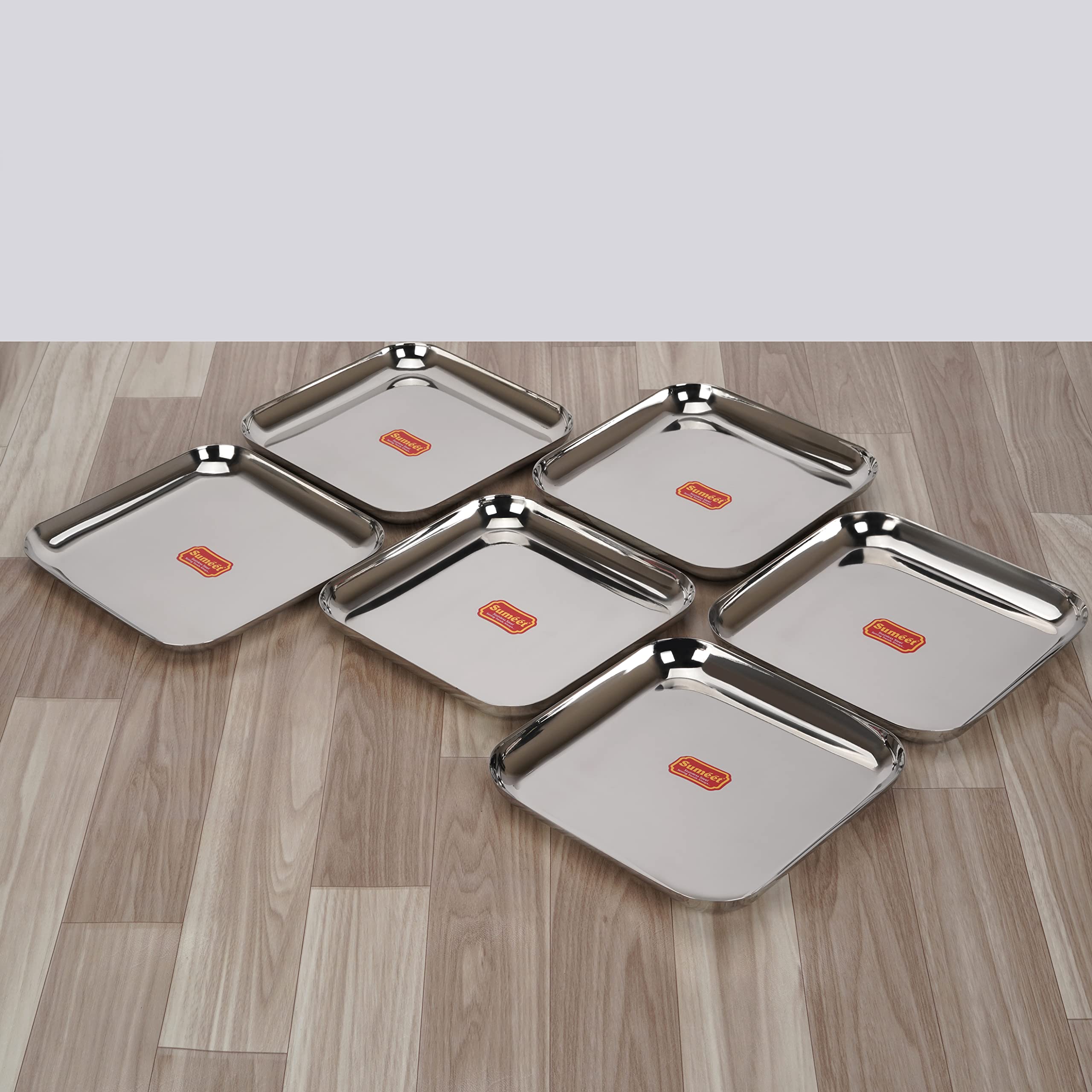 Sumeet Stainless Steel Big Square Shape Plate Dinner Plate Lunch - Meal Plate Set of 6pcs  25cm dia  Silver