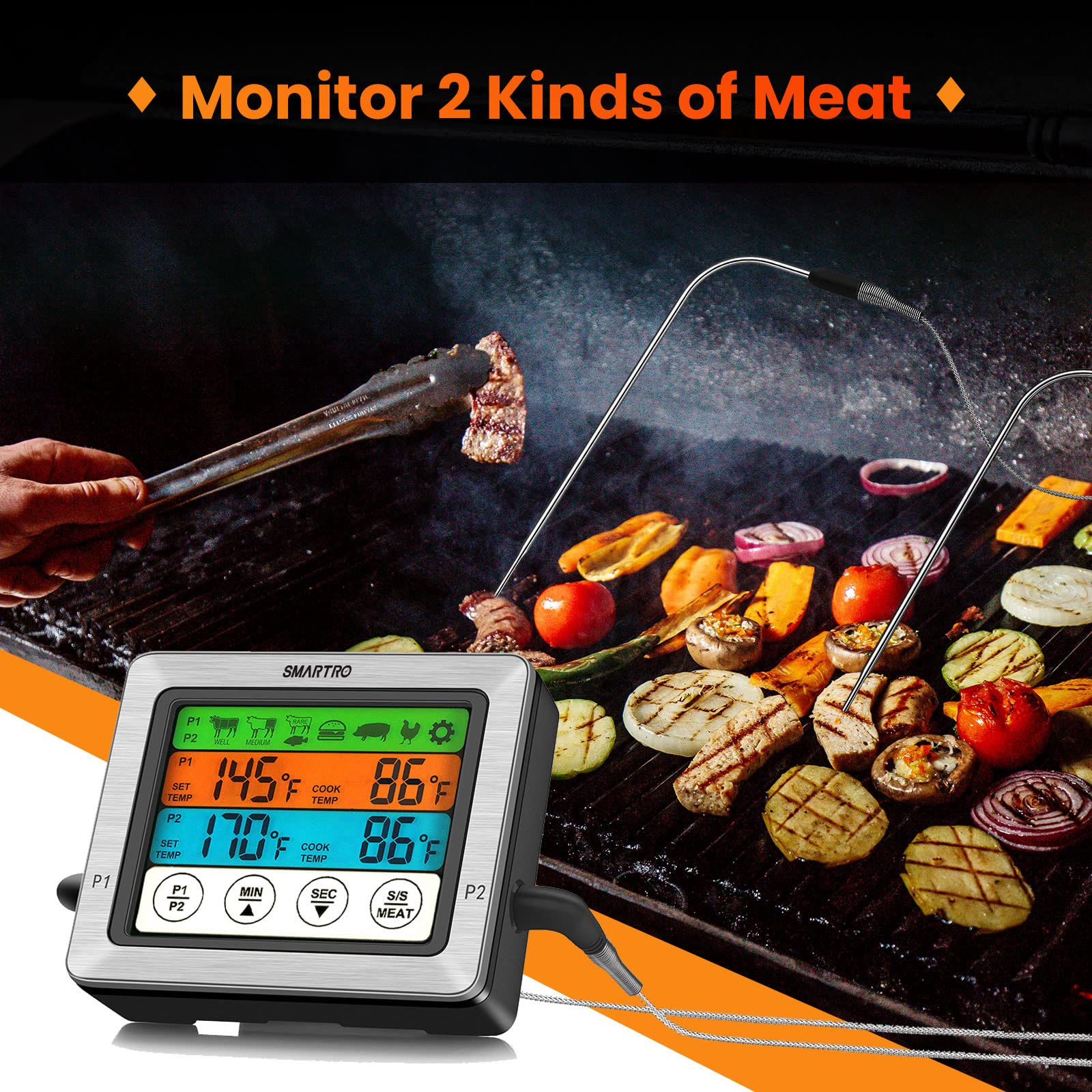 Smartro St54 Dual Probe Digital Meat Thermometer For Cooking Food Kitchen Oven Bbq Grill With Timer Mode And Commercial-Grade Pr