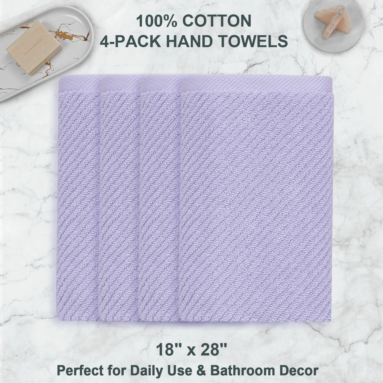 Voova & Movas Purple Hand Towels, 4Pc Large 18''X 28'' - 100% Cotton | Lightweight | Thick | Quick Dry | Soft | Absorbent, Hand