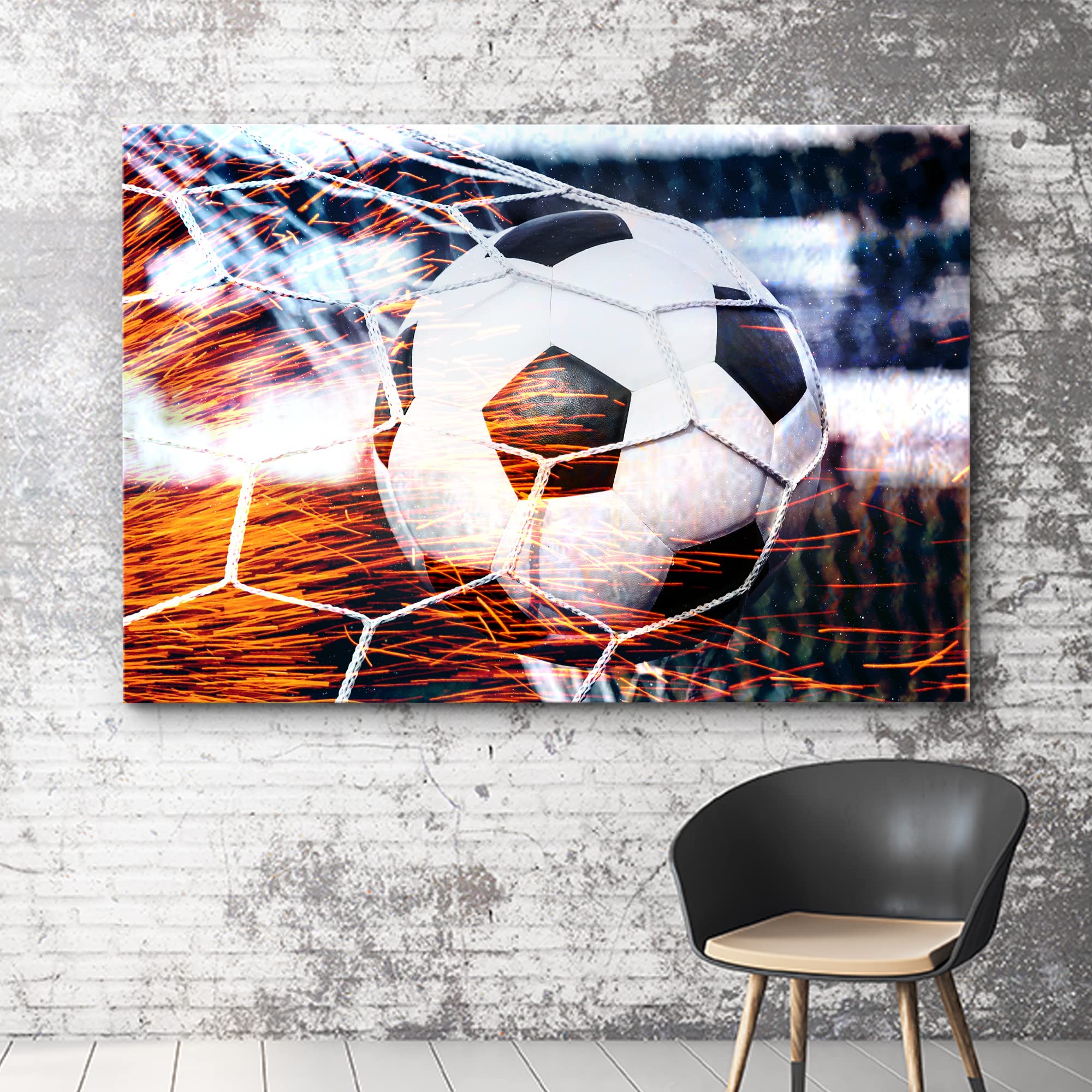 Wall26 Canvas Print Wall Art High Contrast Red Sparks Soccer Ball Goal Sports & Fitness Athletes Photography Realism Boy'S Bedro