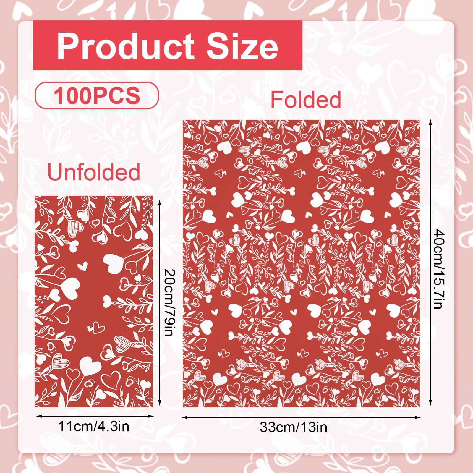 100Pcs Red Heart Love Leaves Valentines Day Napkins Disposable Hand Towels For Bathroom 3 Ply Love Heart Paper Napkins Decorativ