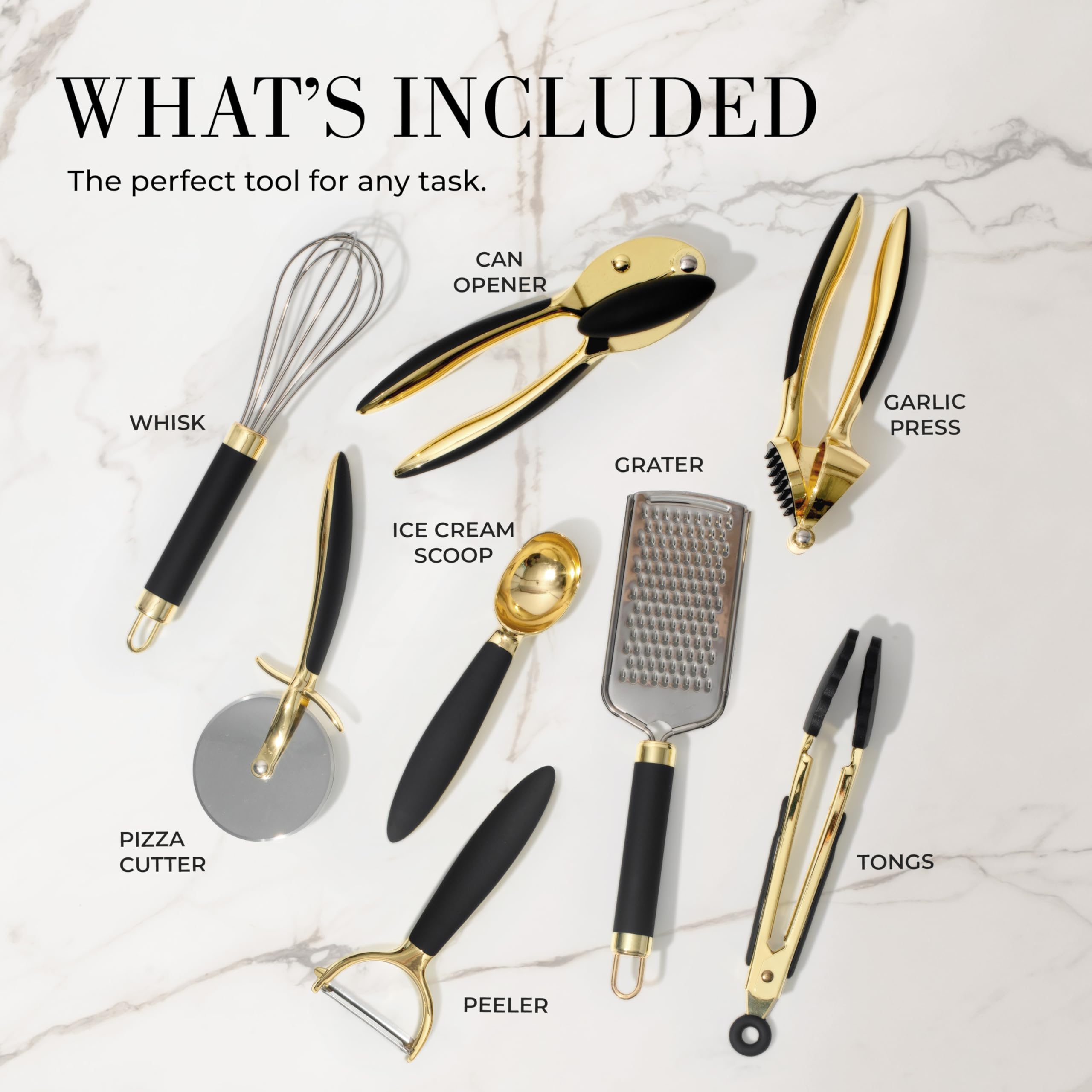 Black And Gold Kitchen Utensils - Luxe 8-Piece Gold Kitchen Tools Set With Can Opener, Pizza Cutter, Peeler, Mini Whisk, And Ton