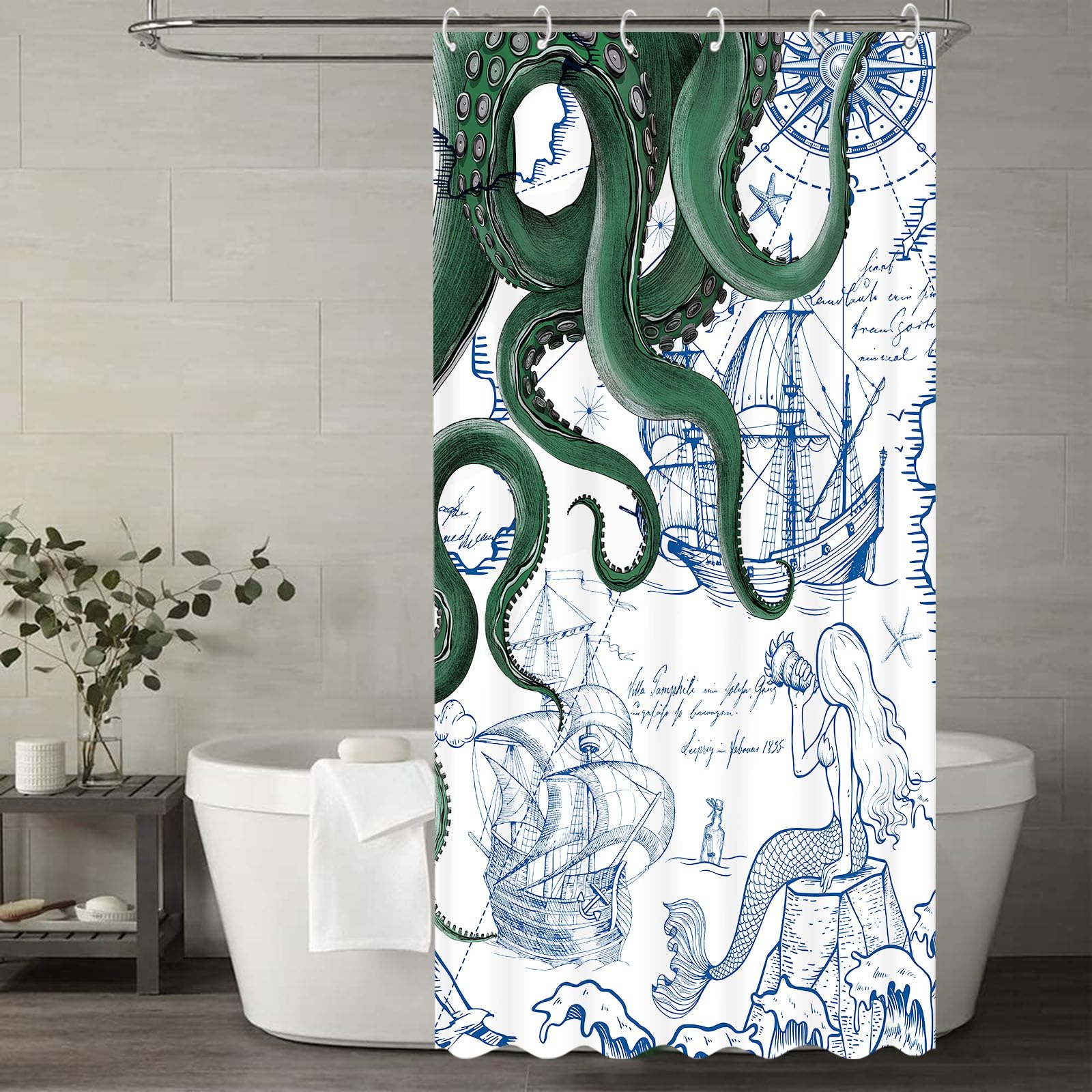 Fungarth Stall Green Nautical Octopus Shower Curtain Navy Blue Mermaid Funny Ocean Kraken Shower Curtains For Bathroom Cool Anch
