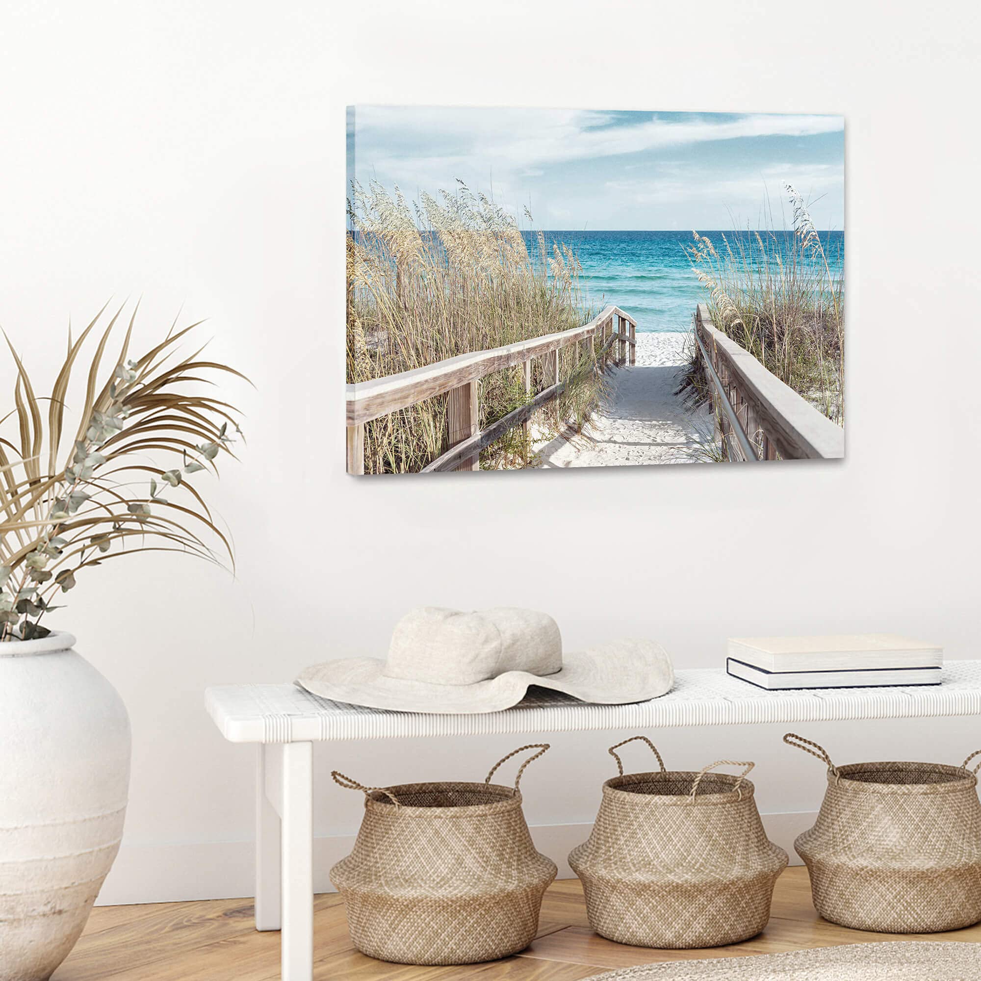 Wallsup Decor Beach Pathway Canvas Wall Art - Ocean Theme Artwork Boardwalk Picture With Wood Toned Fence And Weeds Painting For