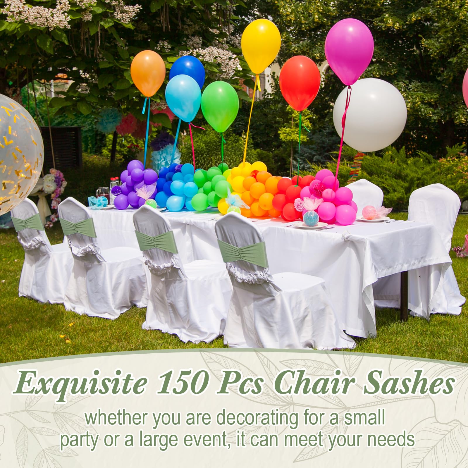 Moukeren 150 Pcs Spandex Chair Sashes Bows Bands Chair Covers Decorations Elastic Ribbon Seat Ties for Wedding Birthday Party Ba