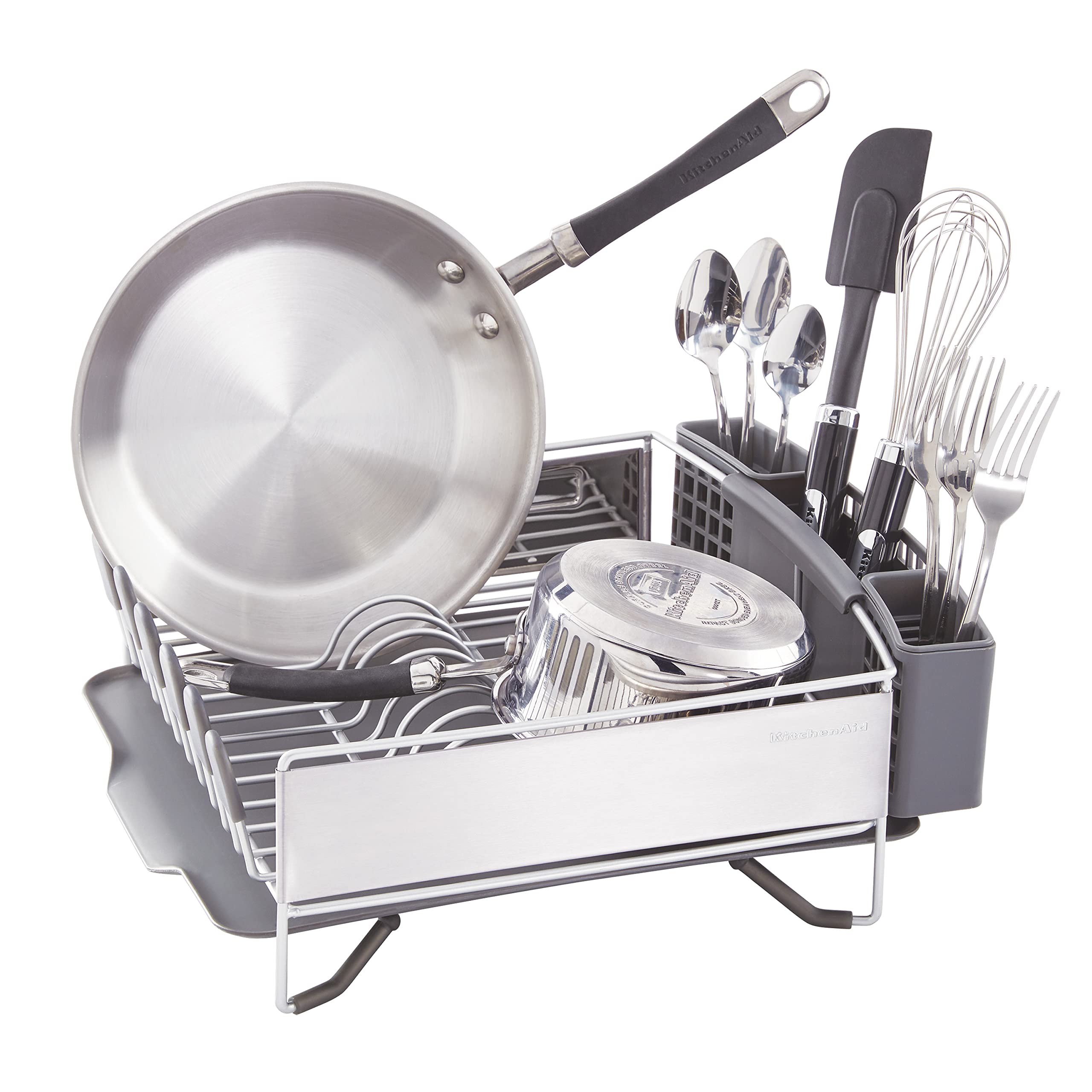 KitchenAid Compact Space Saving, Dish Rack with Removable Flatware Caddy and Angled Self Draining Drainboard, Satin Gray, 15-Inc