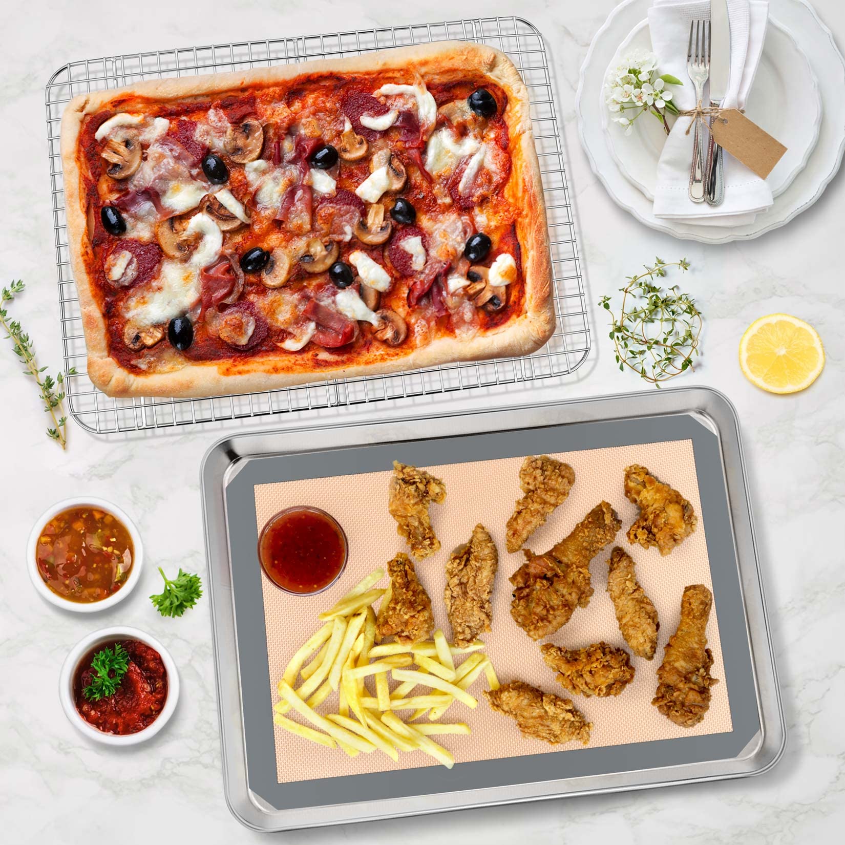 16 Inch Stainless Steel Baking Sheet With Grid Rack And Silicone Baking Mat Set, P&P Chef Baking Pan Tray With Cooling Rack, 3 P