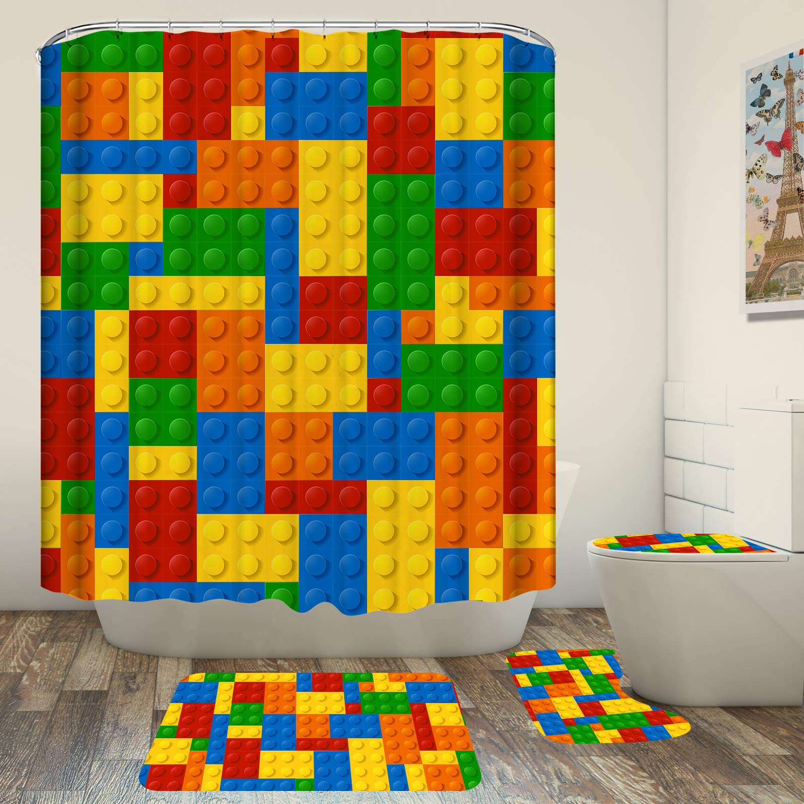 Faitove 4Pcs Kids Funny Blocks Shower Curtain Sets With Rugs, Toilet Lid Cover And Bath Mat, Colorful Shower Curtain Cloth Water