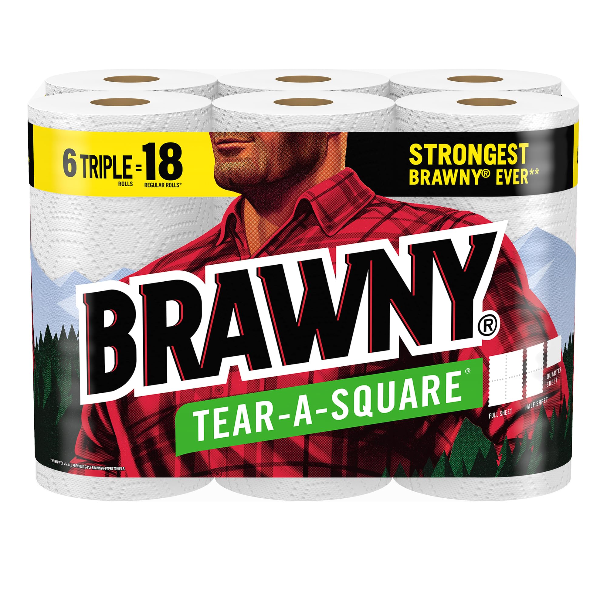 Brawny Tear-A-Square Paper Towels, 6 Triple Rolls = 18 Regular Rolls