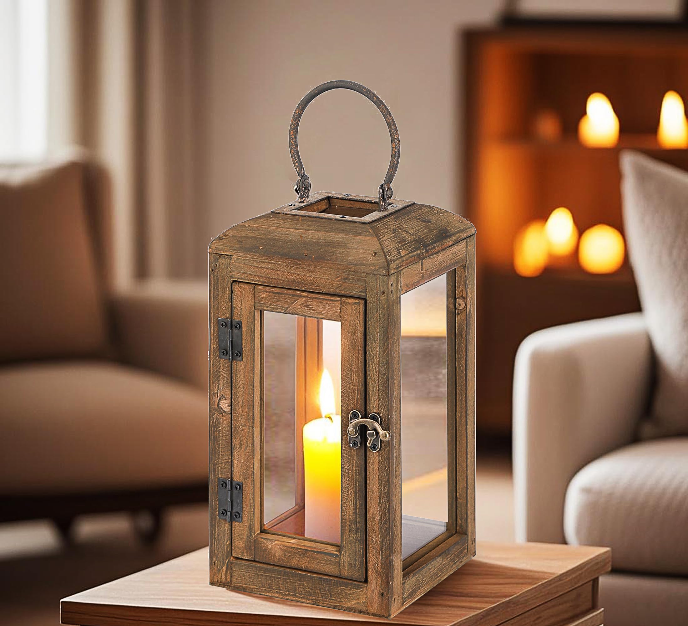 11 High Wooden Lantern Made of Solid Firwood in Handpainted Mediterranean Brown with Metal Handle,Hurricane Lantern, Farmhouse L