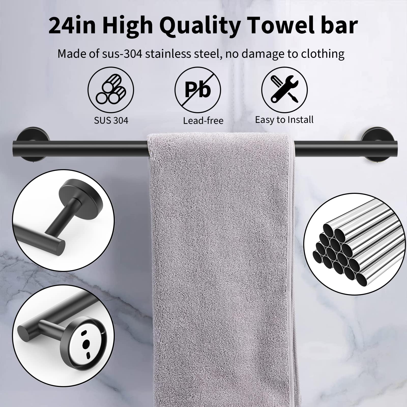 Newfun 10Pcs Matte Black Bathroom Hardware Set - Includes 24&18Inch Towel Bar, Robe Hook, Toilet Paper Holder, 2 Pack 5 Piece Ba