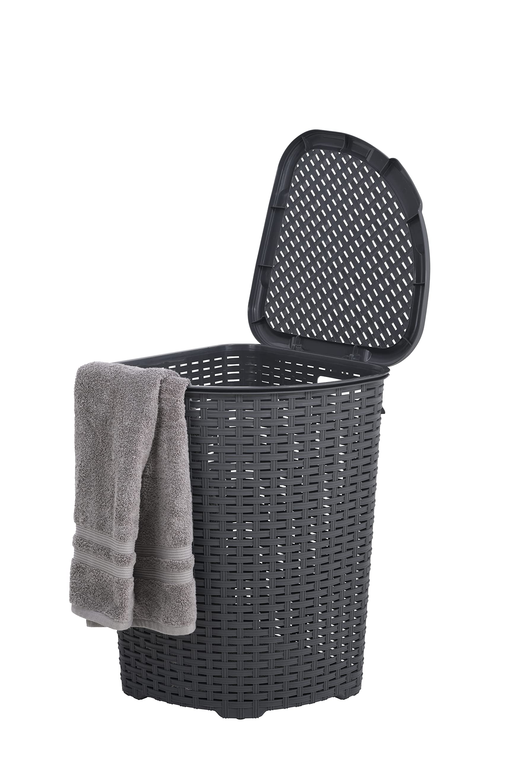 Superio Corner Laundry Hamper Basket With Lid 50 Liter - Grey Wicker Hamper - Durable, Lightweight Bin With Cutout Handles, Stor