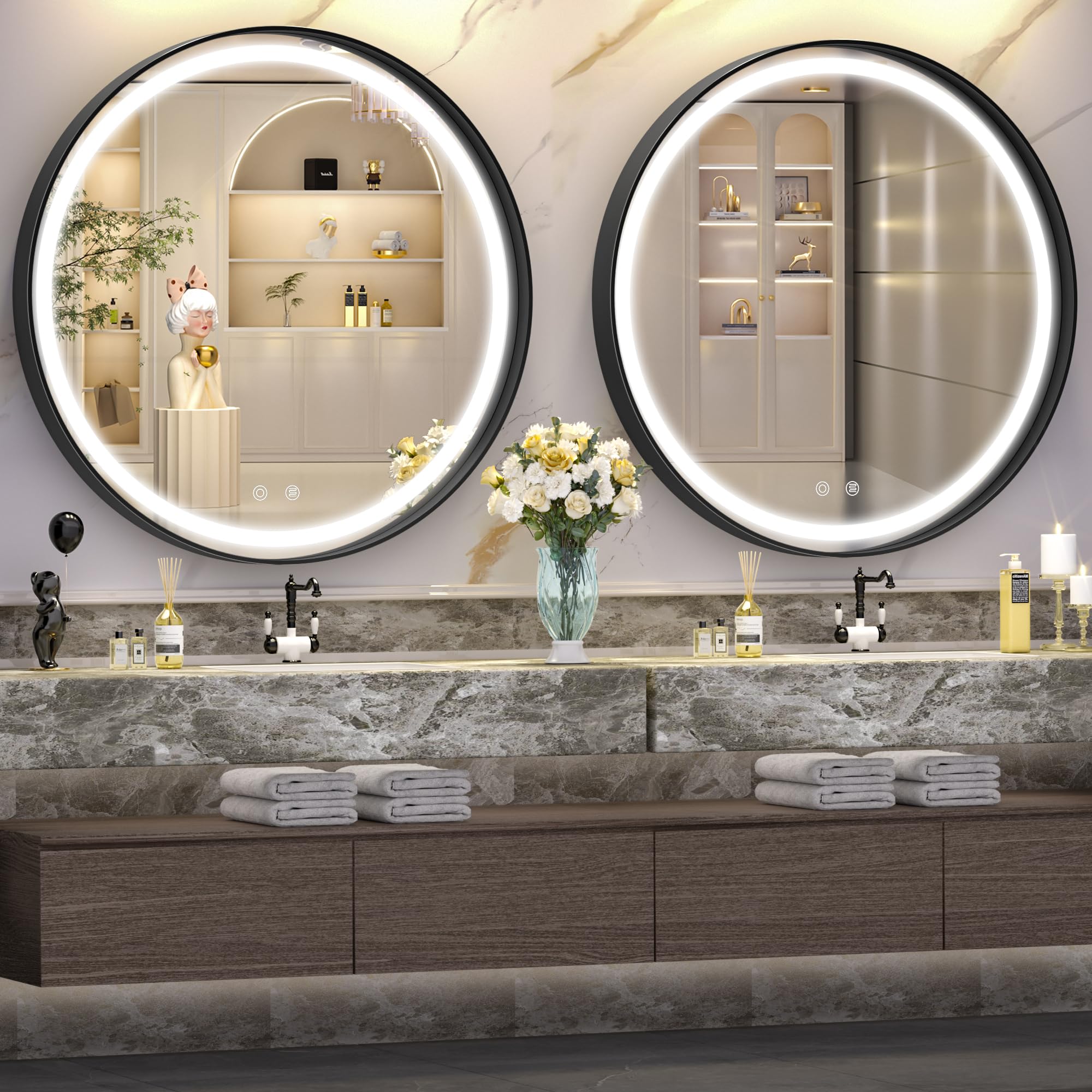 Hasipu 28 Inch Round Led Mirror For Bathroom With Lights, Black Circle Vanity Mirror For Wall, Metal Framed Frontlit Bathroom Mi