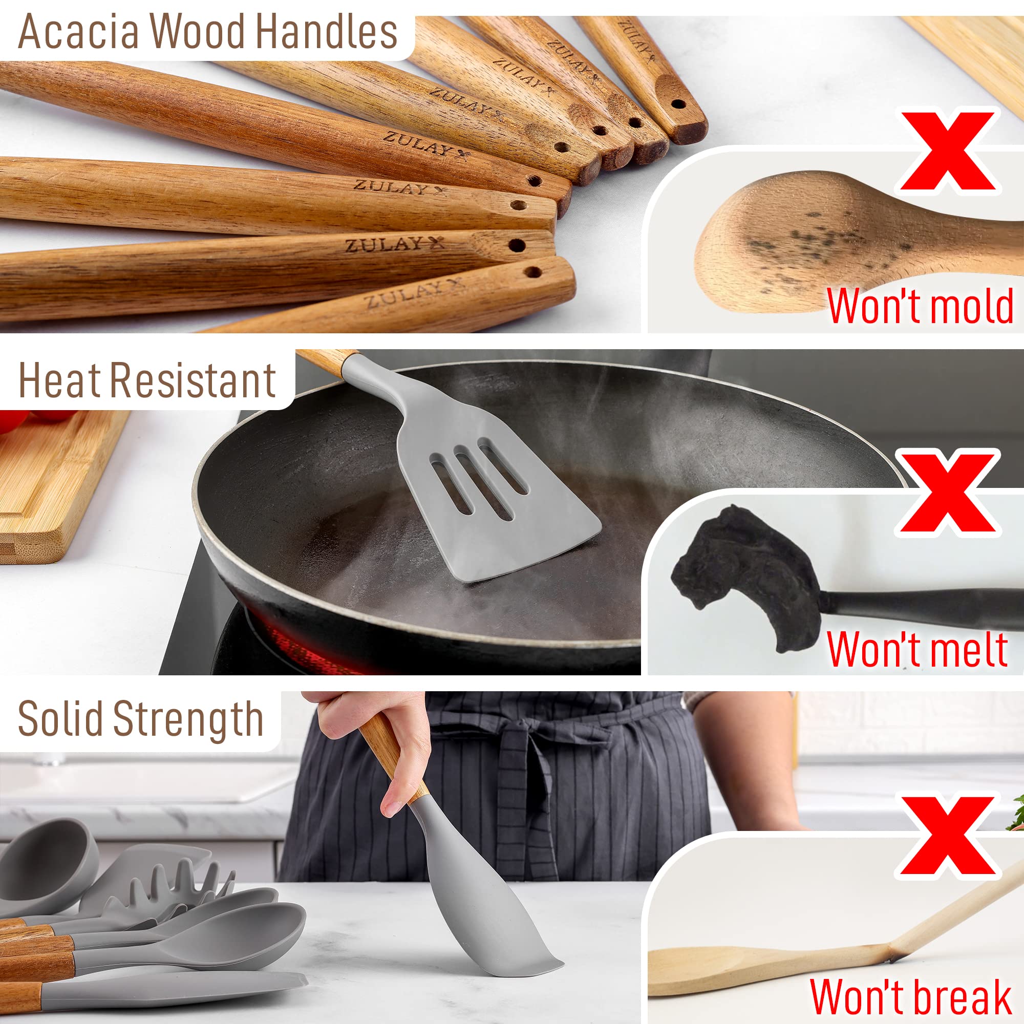 Zulay (8 Piece) Silicone Kitchen Utensils Set For Cooking - Non-Stick Silicone Cooking Utensils Set With Acacia Wood Handle - He