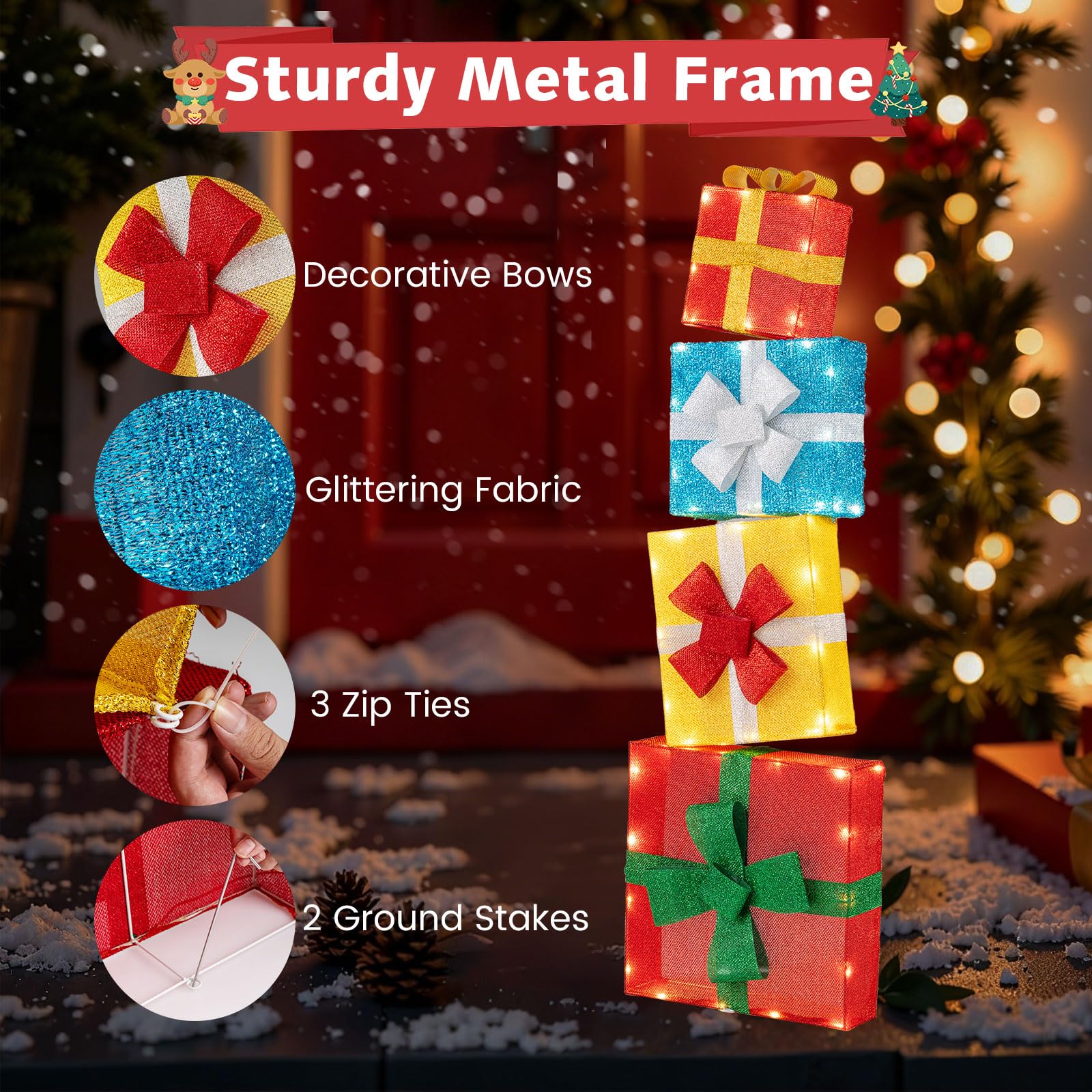 Goplus 4 Ft Lighted Gift Boxes Stackable, Pre-lit Xmas Boxes Decoration w/LED Lights, Delicate Bows, Indoor & Outdoor Stacked Ho