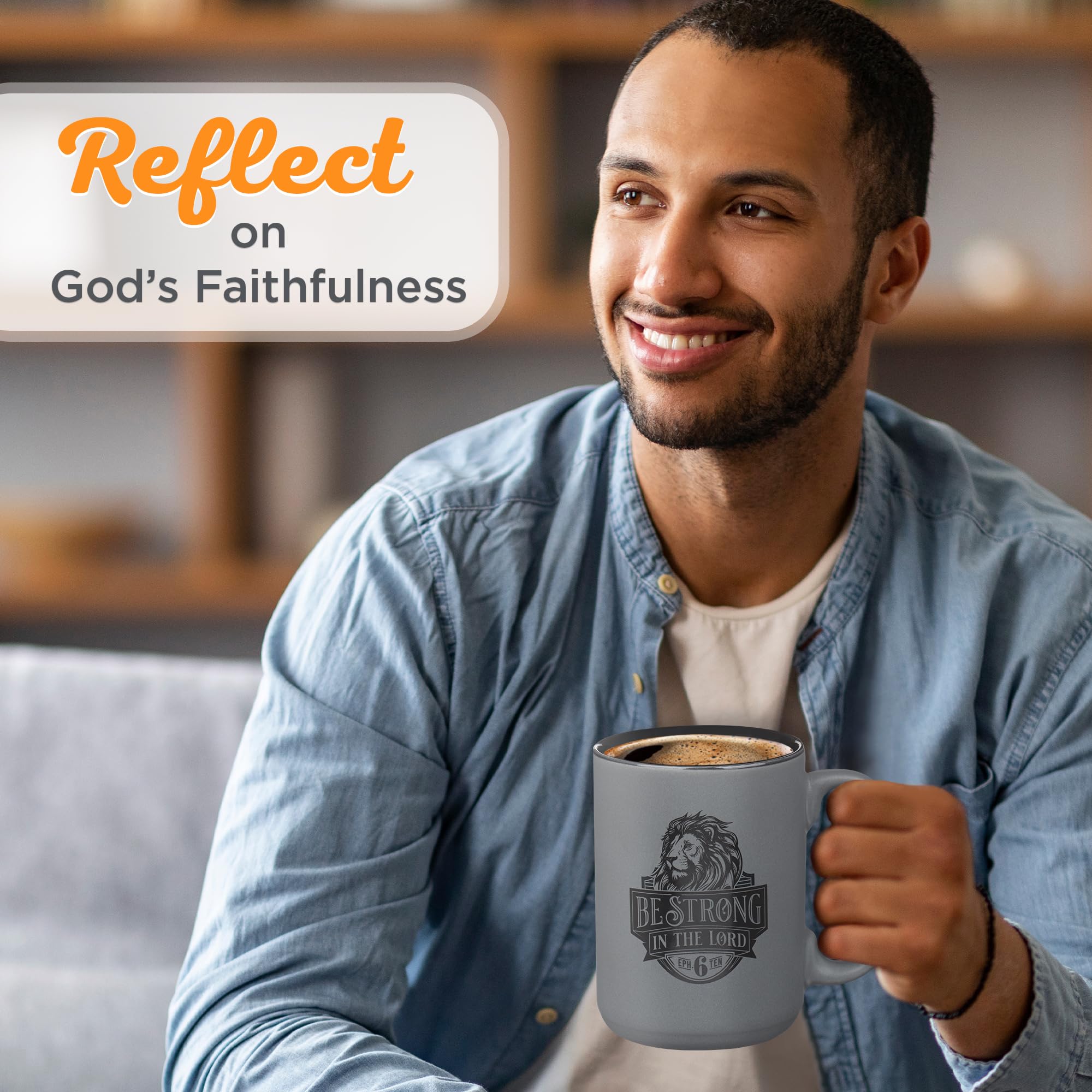 Christian Art Gifts Large Ceramic Coffee & Tea Mug for Men & Women: Be Strong Bible Verse, Gray & Black, 14 oz.