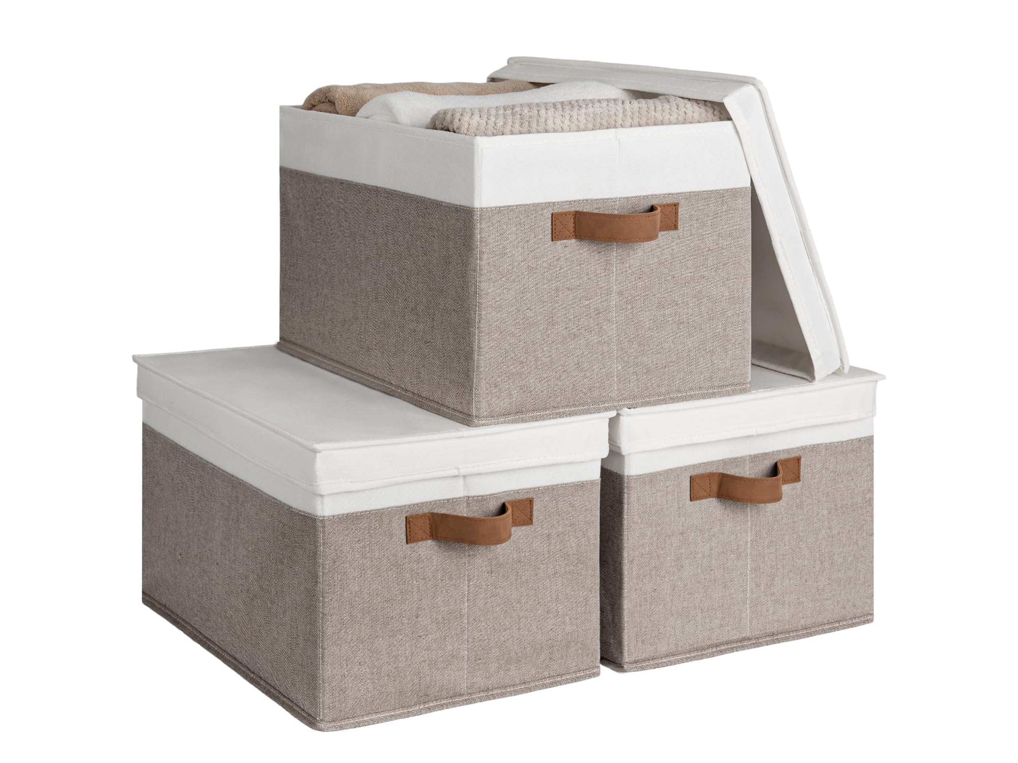 Storageworks Lidded Large Storage Bins, Foldable Closet Storage Basket With Pu Sewn Handles, Decorative Storage Bins For Clothes