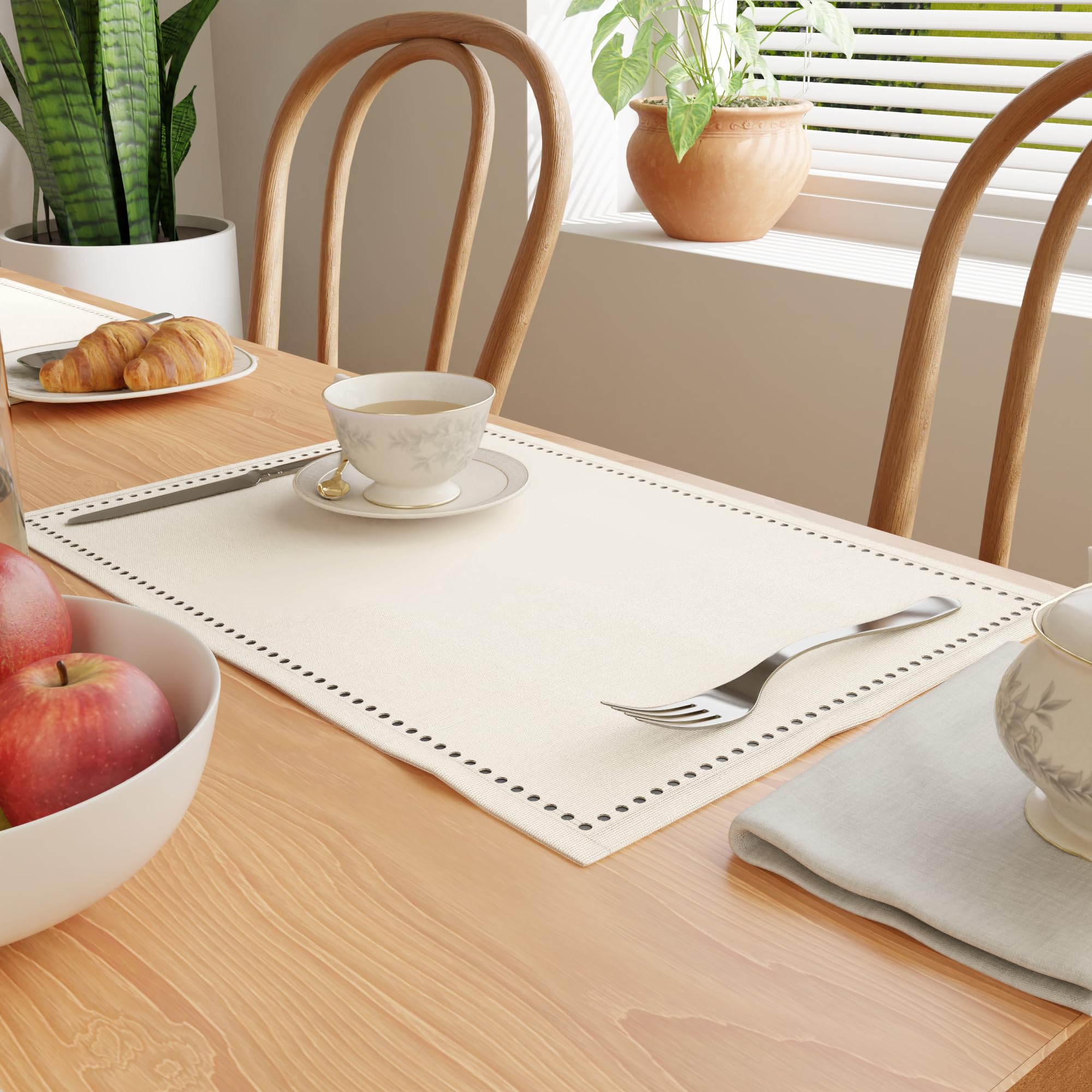 Encasa Homes 100% Pure Cotton Hemstitched Dining Table Placemats Of Size 19 X 13 Inch (Rectangular) - Natural - Set Of 4 | Perfe