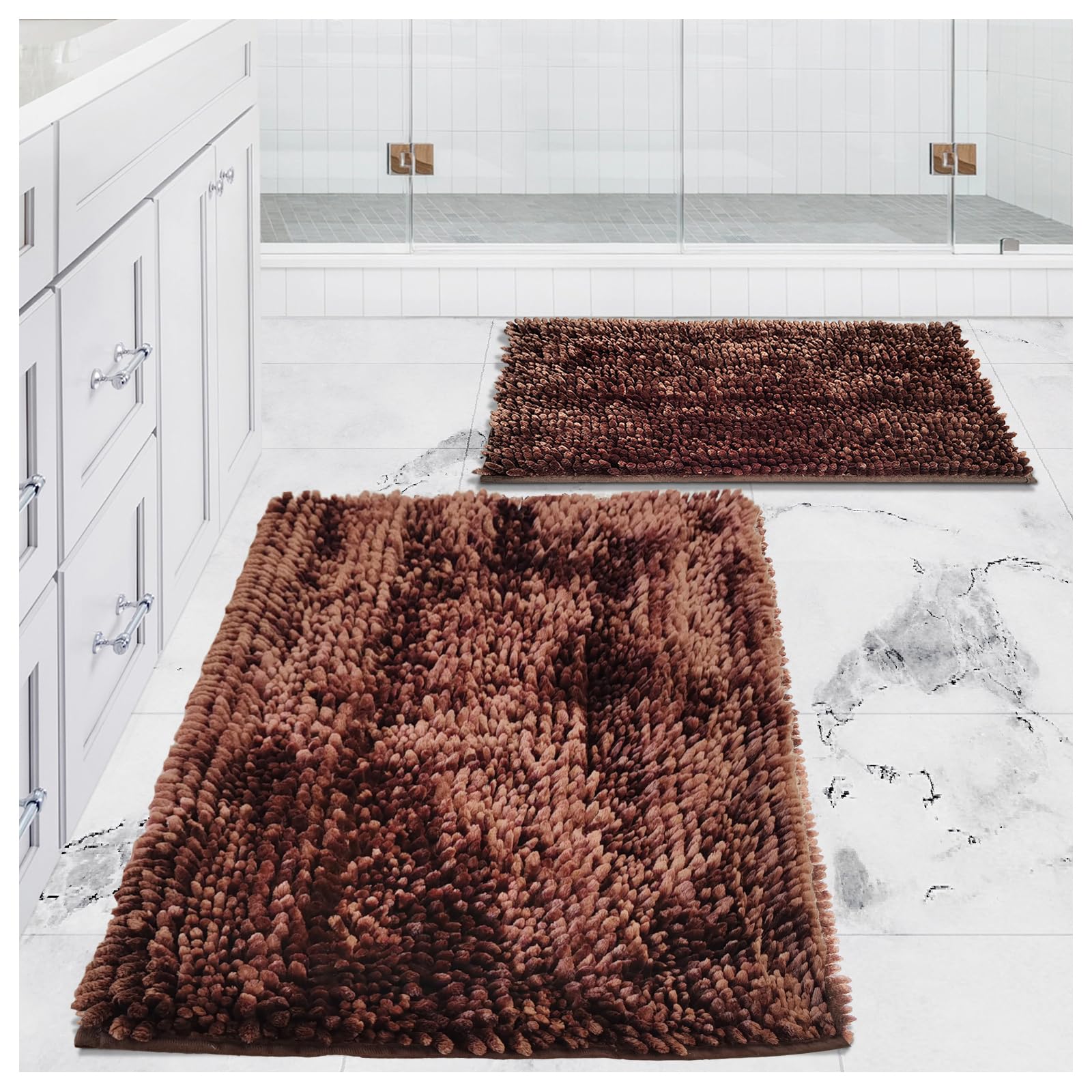 Civkor Brown Bathroom Rugs Bath Mats for Bathroom Non Slip Washable 31x20 Plus 24x16 Inch Bathroom Rug Set 2 Piece  Easy Care and Soft Noodle Chenille