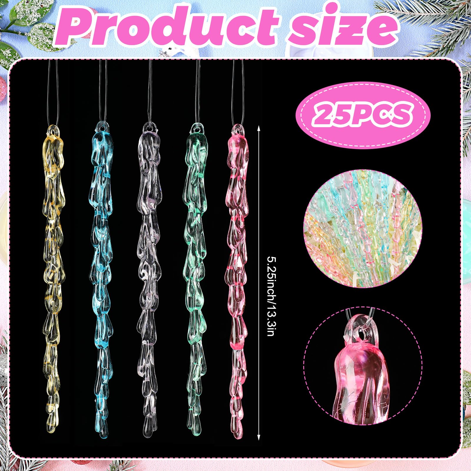 Motionchic 25 Pcs Pastel Candy Christmas Ornaments 5.25' Pastel Icicle Decoration for Christmas Tree Candy Crystal Tree Hanging