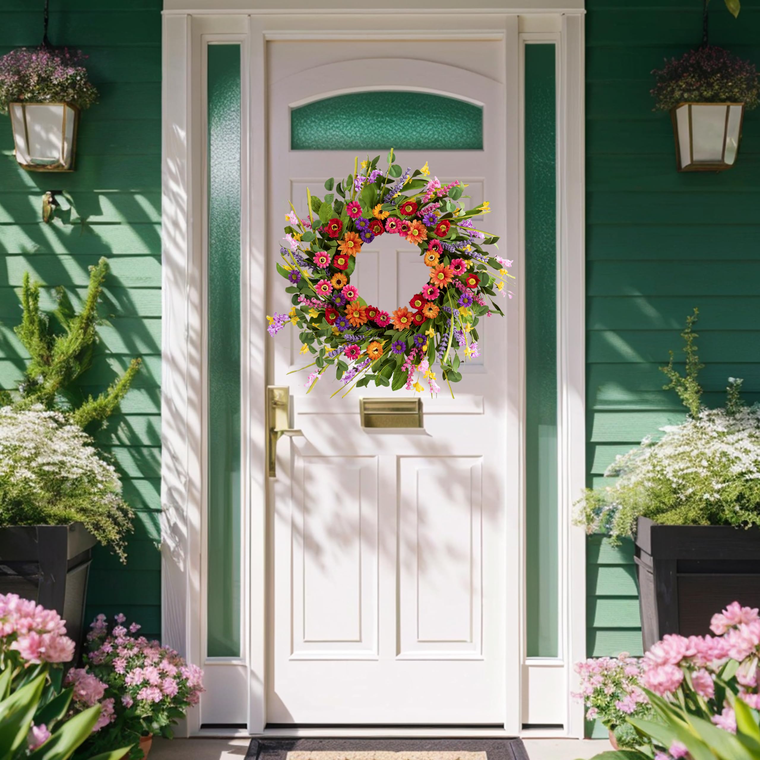 WSTPUPU Artificial Spring Wreath 22 Inch Summer Wreaths for Front Door with Green Eucalyptus Leaves Pink Daisy Lavender Spring D