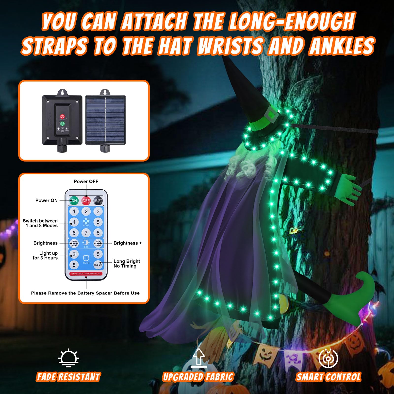 amadecohome Solar Halloween Decorations Outdoor Witches, 43 Flying Witch Crashing into Tree Hallowen Decor on Broom, Halloween W