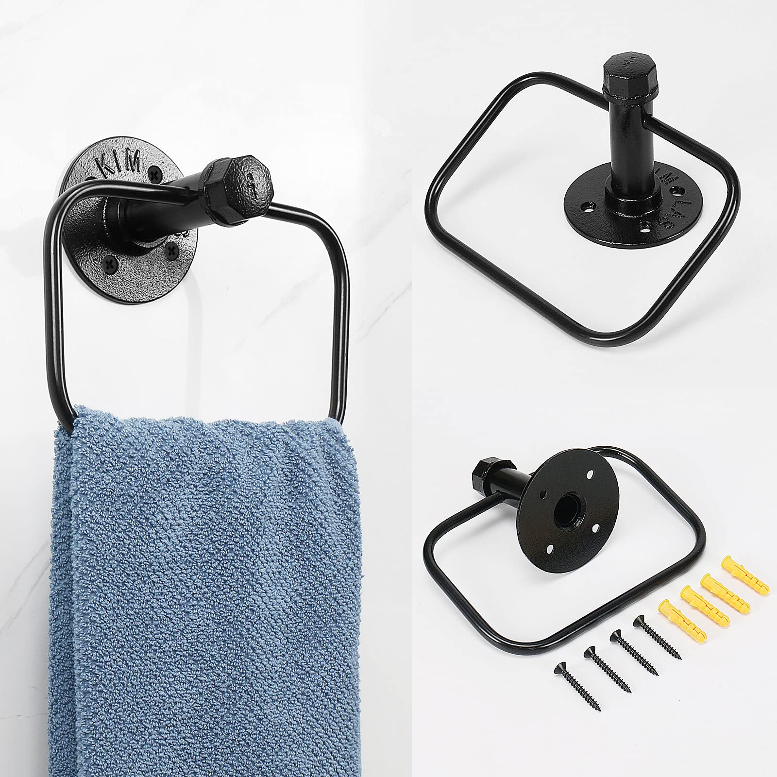 Jeasor 4-Pieces Industrial Pipe Bathroom Towel Ring Kit Diy Wall Mount Accessories Kit Includes Robe Hook Towel Bar And Towel Ri