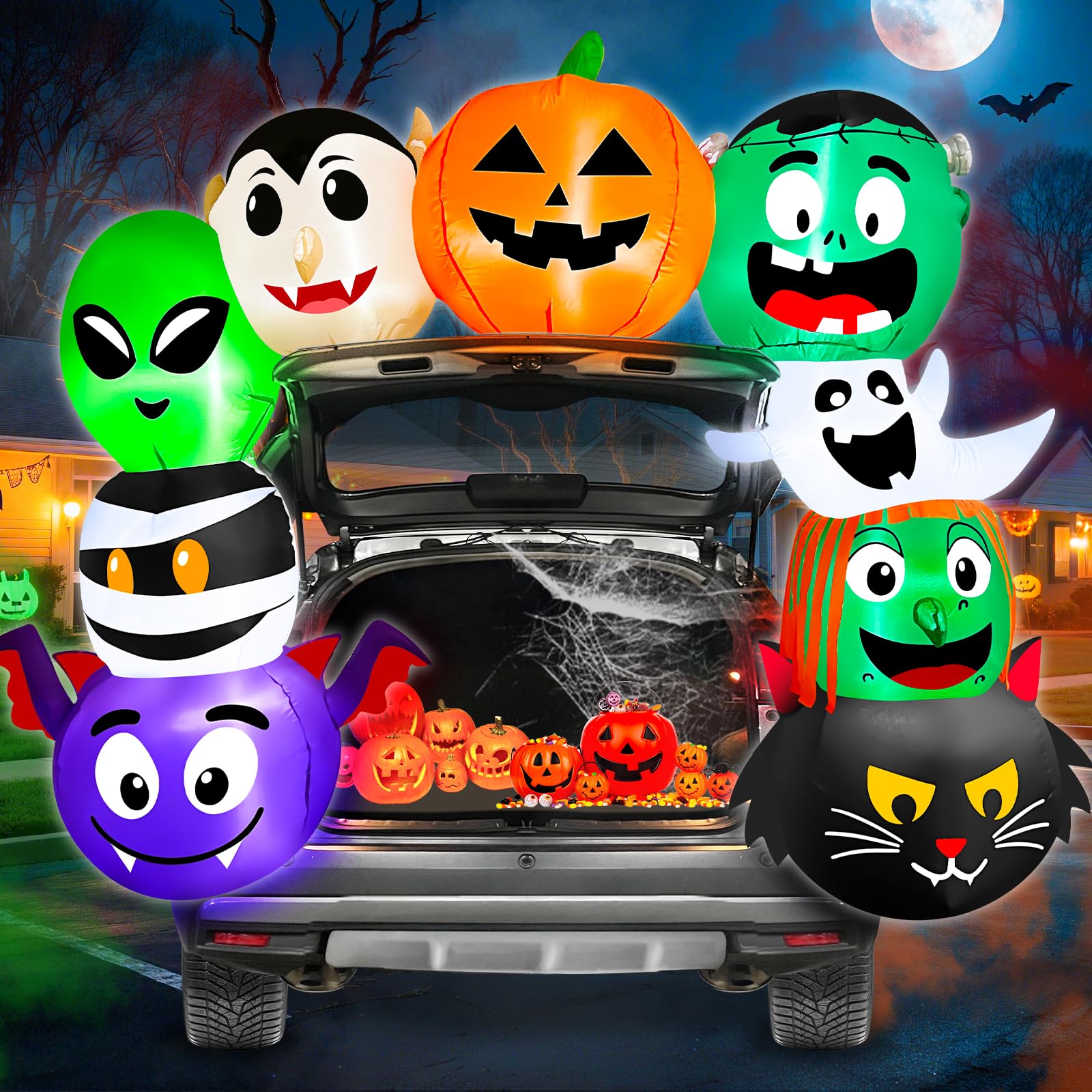6 FT Halloween Inflatable Trunk or Treat Car Decorations, Blow-Up Car Decoration Arch Stacked with Ghost, Jack-O -Pumpkin, Mummy
