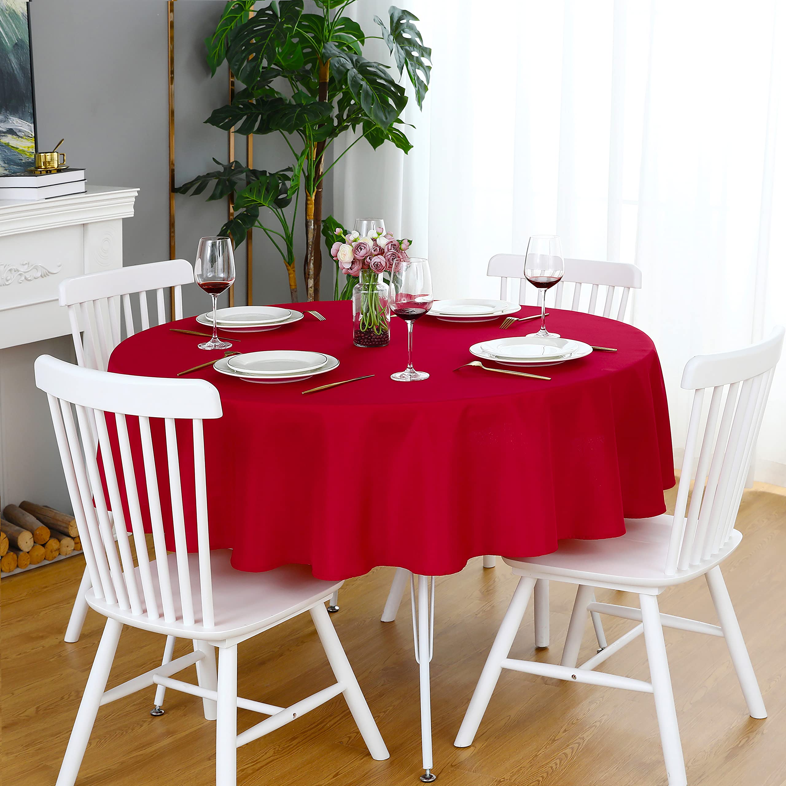 Folins&Home Red Round Tablecloth 60 Inch Waterproof Heavy Duty Wrinkle Free Polyester Fabric Table Cloth, Spillproof Washable Ta