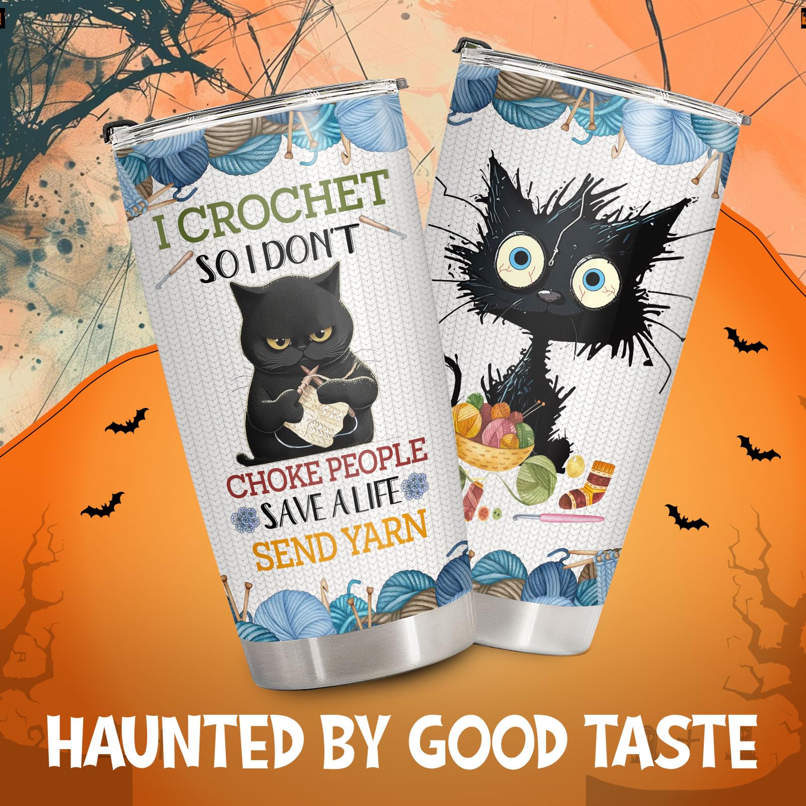 34HD Black Cat Tumbler with Lid, 20oz Vacuum Insulated Cat Coffee Cup, I Crochet So I Dont Choke People Mug, Crochet Lover Gifts