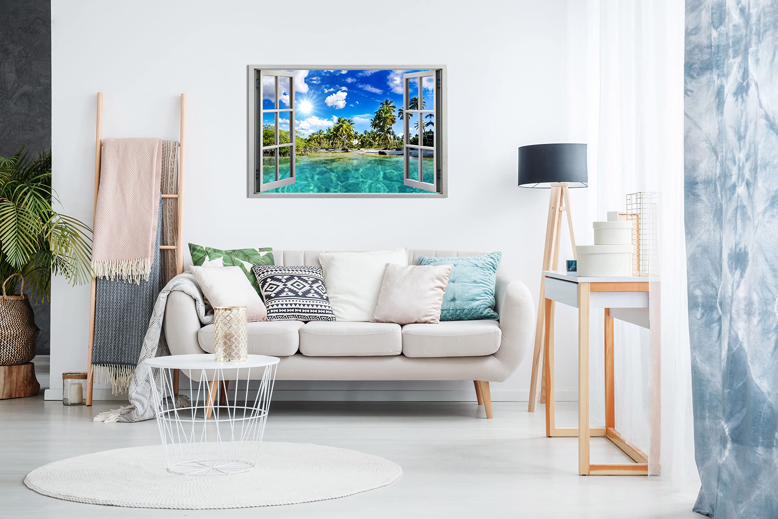Panther Print, Modern Canvas Wall Art For Living Room, Framed Prints For Hallway And Stairs, Caribbean Beach Holiday 3D Window E