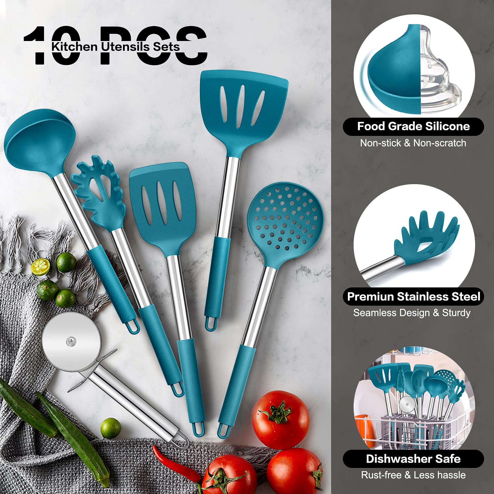 P&P Chef Kitchen Utensils Set(10Pcs), Blue Heat-Resistant Silicone Cooking Utensil Kit With Stainless Steel Handles, For Nonstic