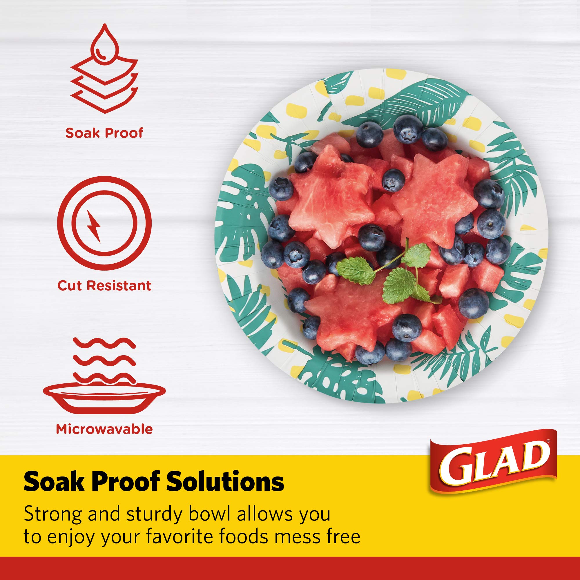 Glad Disposable Paper Bowls With Palm Leaves Design, 16 Ounces, Soak Proof, Cut-Proof, Microwaveable, 300 Count | Heavy Duty Dis