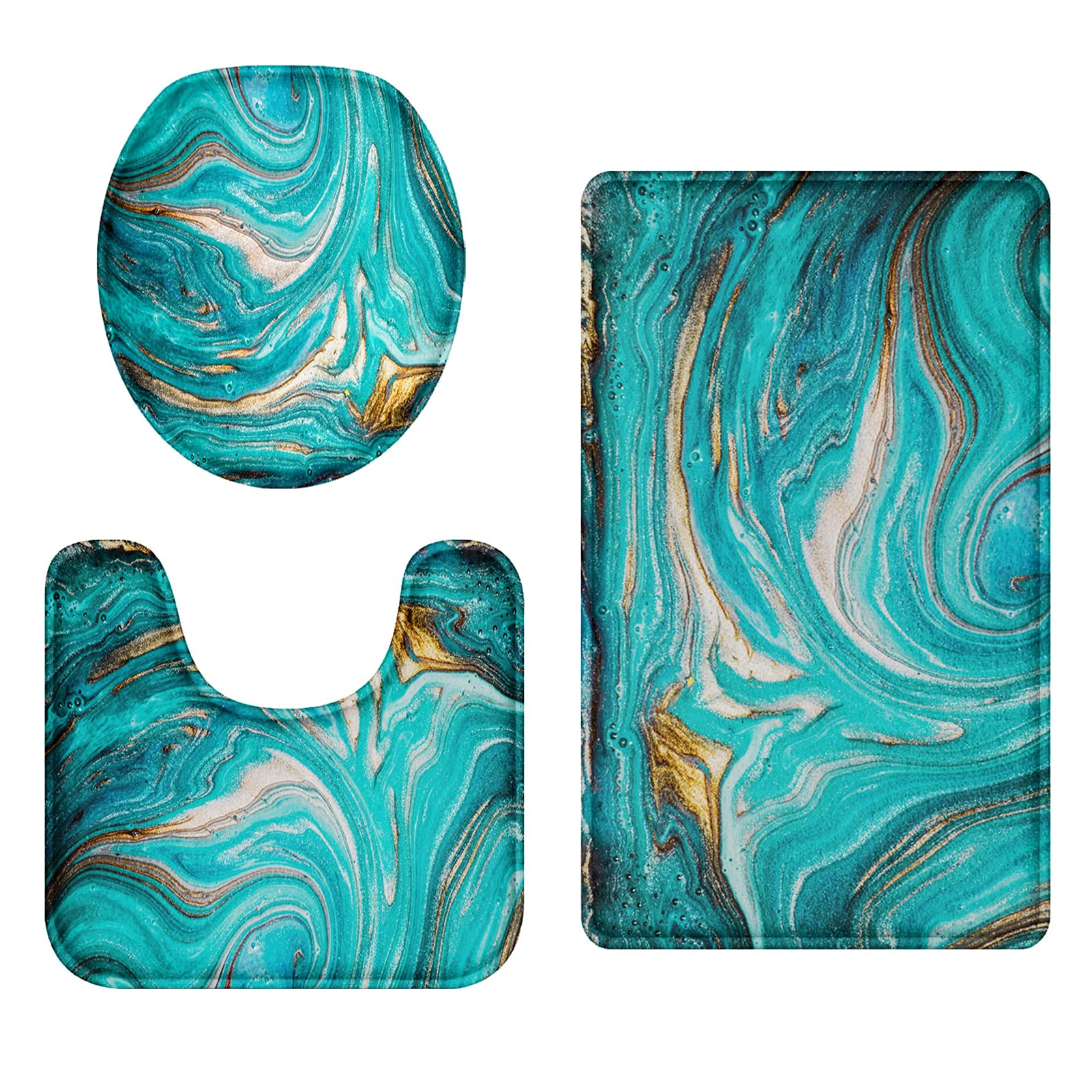Britimes Turquoise Bathroom Rug Set Of 3, 3 Pieces Teal Bath Mats Set For Bathroom, Green Marble Ripples No Silp Washable Cover