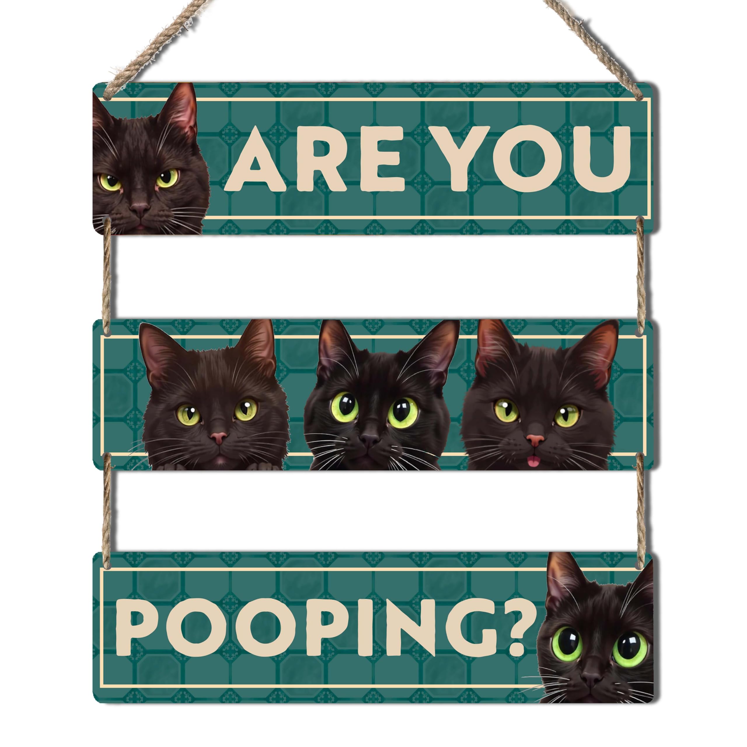 Are You Pooping Wooden Sign, Funny Decorations with Black Cats on Green Background, Rustic Plaque 11.8x3.2 Inches Each, Fun Bath